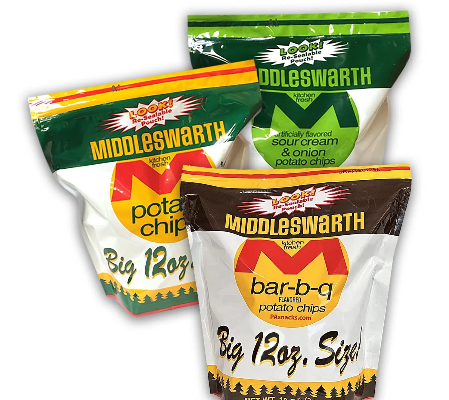 Middleswarth Kitchen Fresh Potato Chips Original, BBQ, Sour Cream & Onion, Variety 3-Pack 13 Oz. Big Bags, 1 Count (Pack of 3)