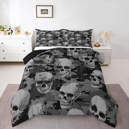 Erosebridal Juego de edredón de calavera gris, tamaño King, negro, blanco, gris, camuflaje, gótico, de camuflaje, esqueleto, para niños, disponible en Yaxa Colombia