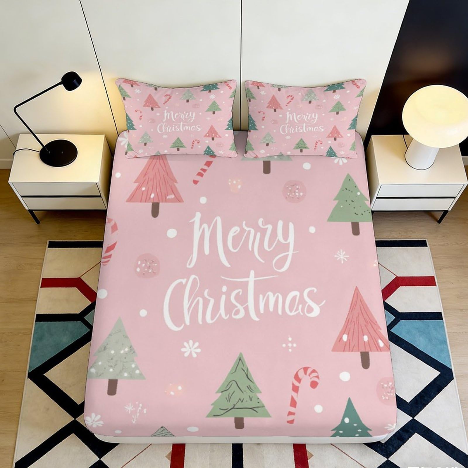 3D Printed Merry Christmas Fitted Sheet Microfiber Soft Breathable Holiday Trees Bed Cover for Bedroom Dormitory Guest Room Mattress Protection Decor 120x200x25cm