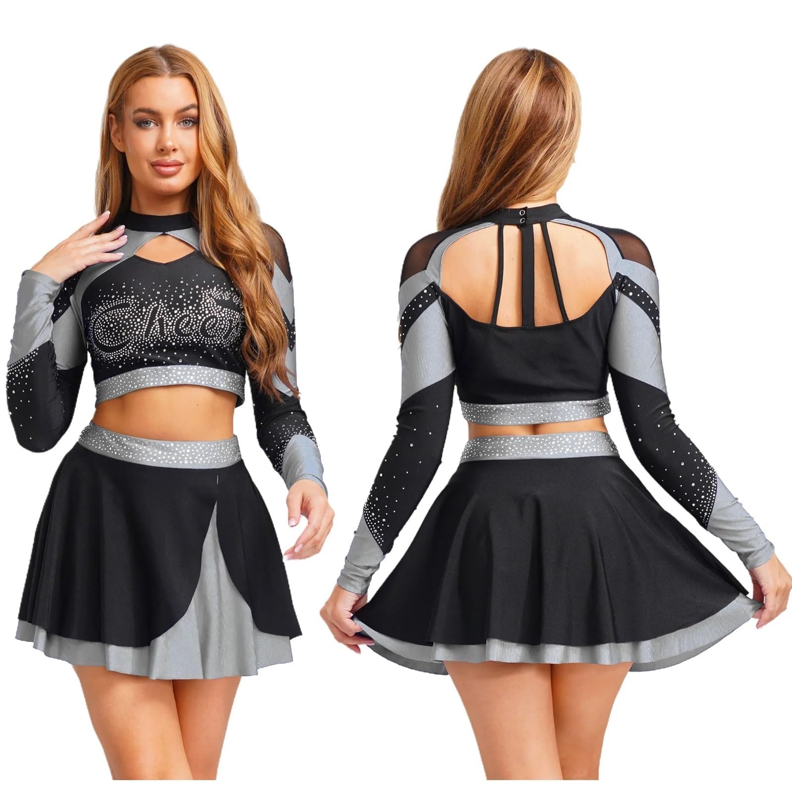 Cheerleader Kostüme Cheerleader-Kostüm for Damen mit glänzendem Strass, Cheerleading-Uniform, langärmelig, ausgehöhltes Bauchfreies Top und Skating-Rock, Tanz-Outfits