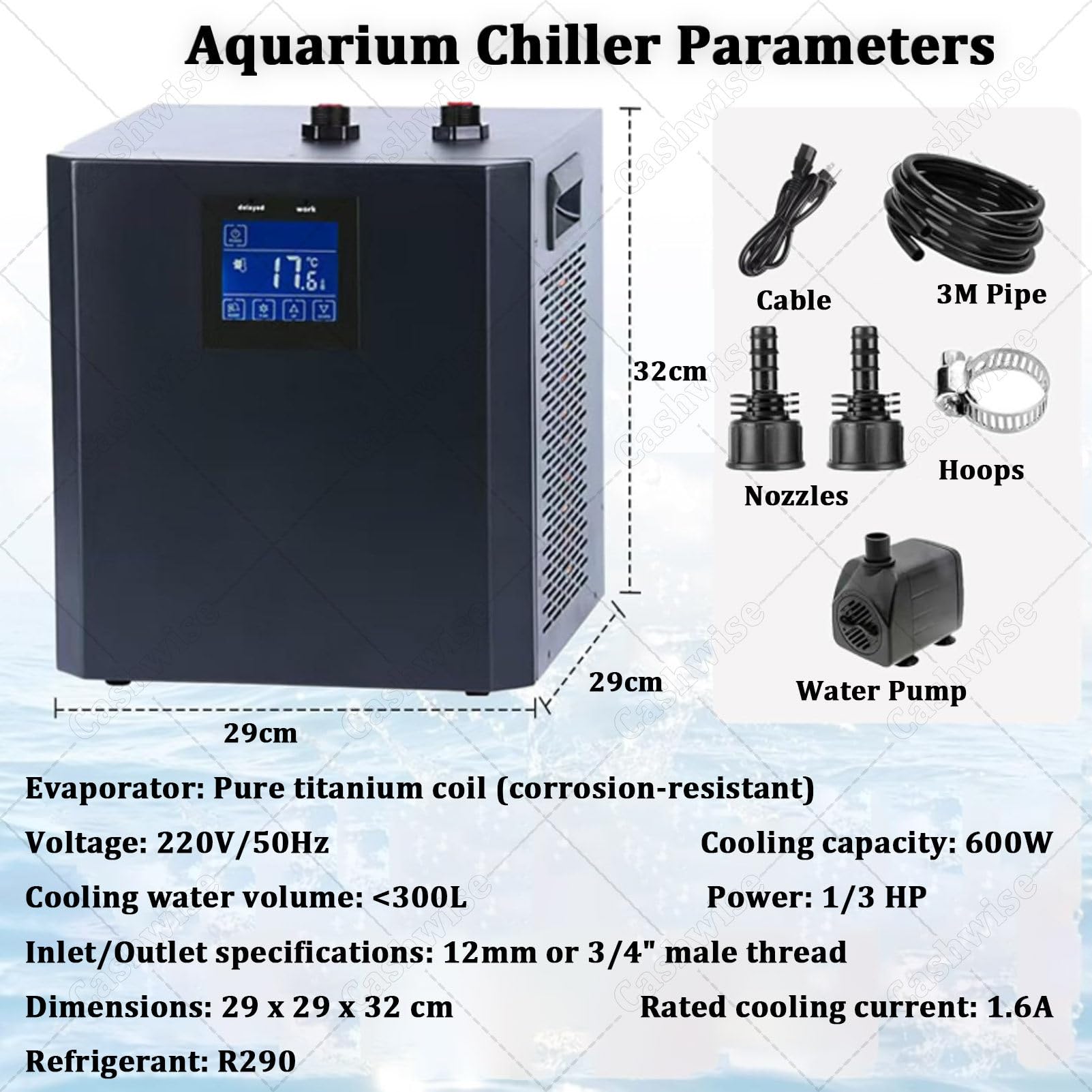 Enfriador de acuario de 1/3 HP (para hasta 79 galones), sistemas de refrigeración para acuarios e hidroponía (apto para ajolotes, arrecifes de coral y camarones); incluye bomba de agua, pantalla LED