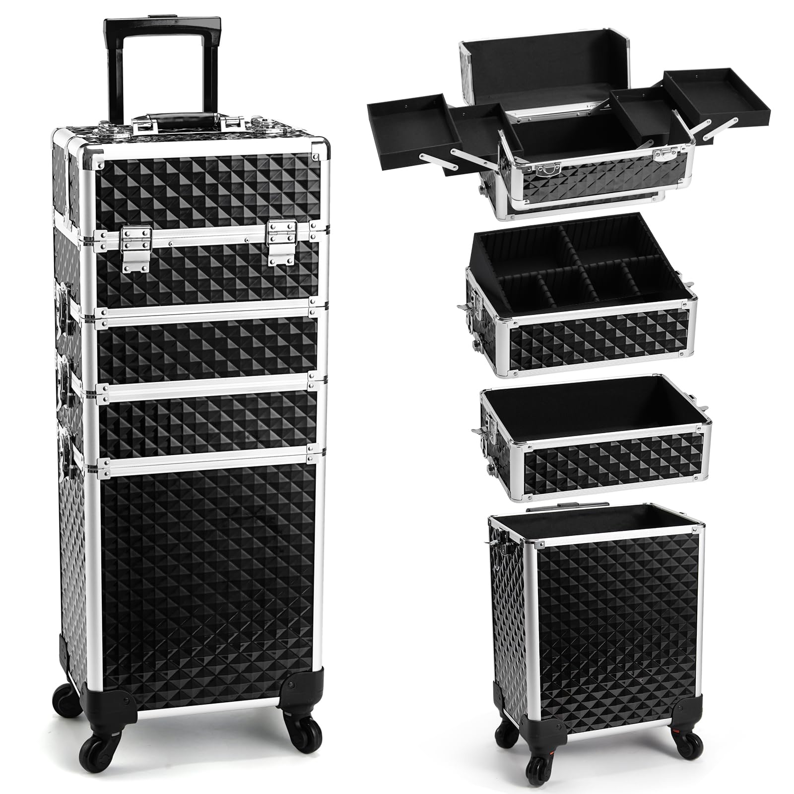 Yueieoun Rolling Makeup Train Case, 4-in-1 Cosmetology Case on Wheels, Nail Tech Cart for Travel, Professional Cosmetic Vanity Case, Suitcase for MUA/