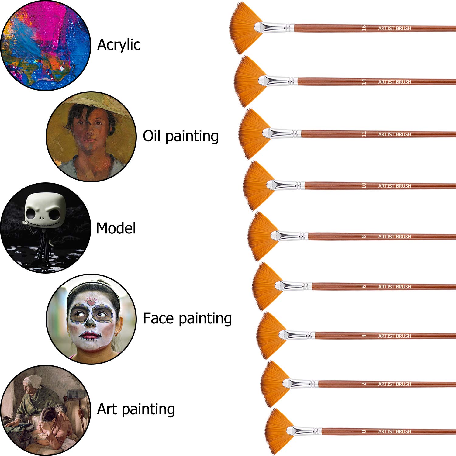 AIEX 9 Pezzi Pennelli a Ventaglio Set di Pennelli da artista in