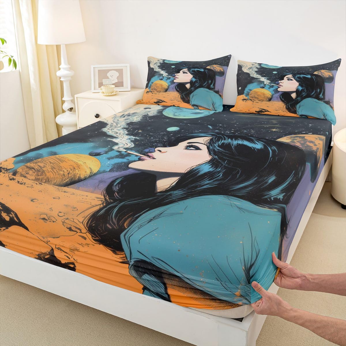 Homewish Cartoon Woman Prześcieradło King Sci-Fi Planeta Kosmiczna Prześcieradła Fantasy Komiks Zestaw pościeli dla dzieci Chłopcy Dziewczęta, Złoty Niebieski Retro Moda Galaktyka Narzuta na łóżko 3