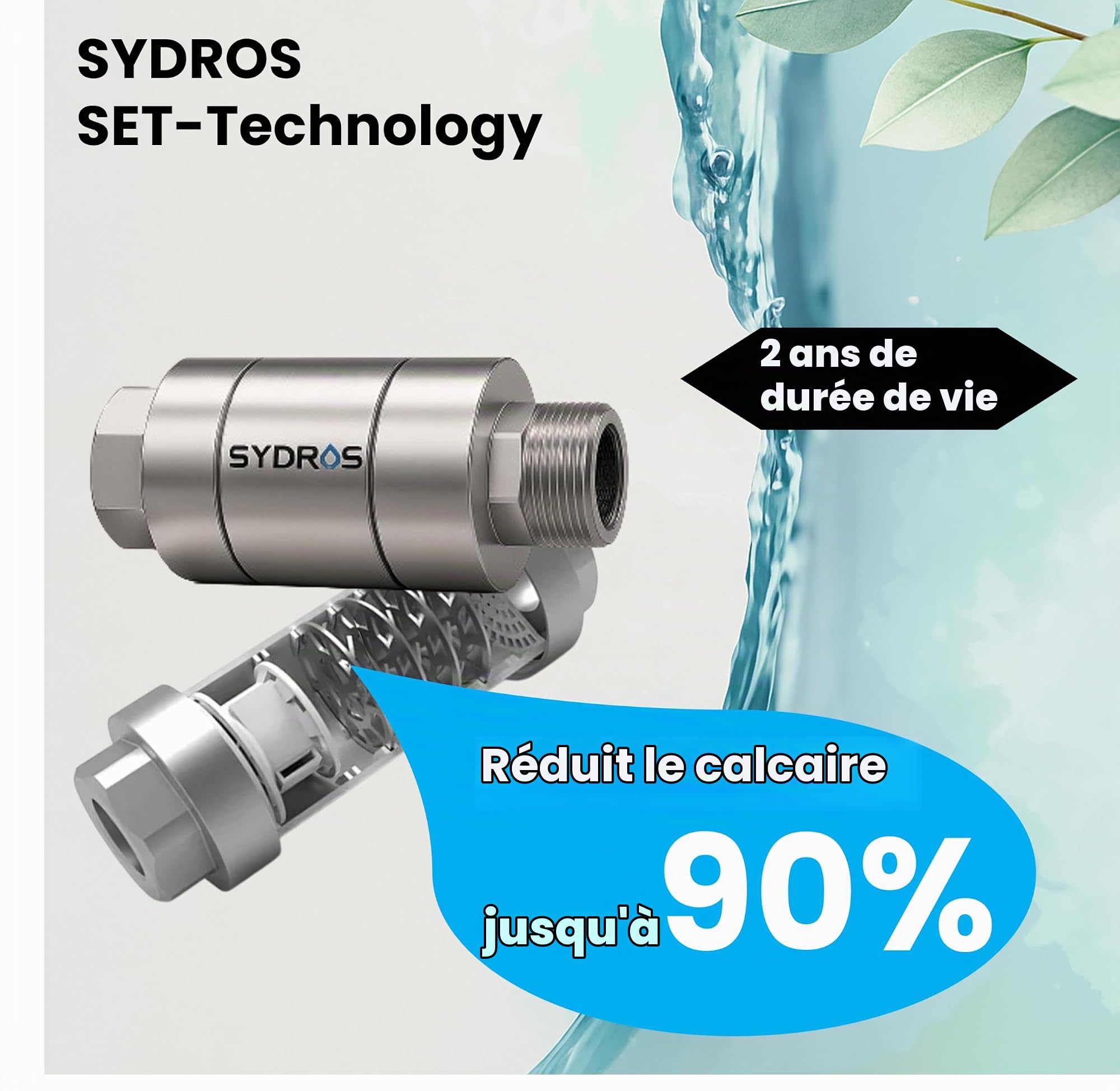 SYDROS Filtre anti-calcaire pour douche ½" en acier inoxydable réduit les dépôts de calcaire jusqu'à 90 % sans sel ni produits chimiques pour la douche, la salle de bain, facile à monter