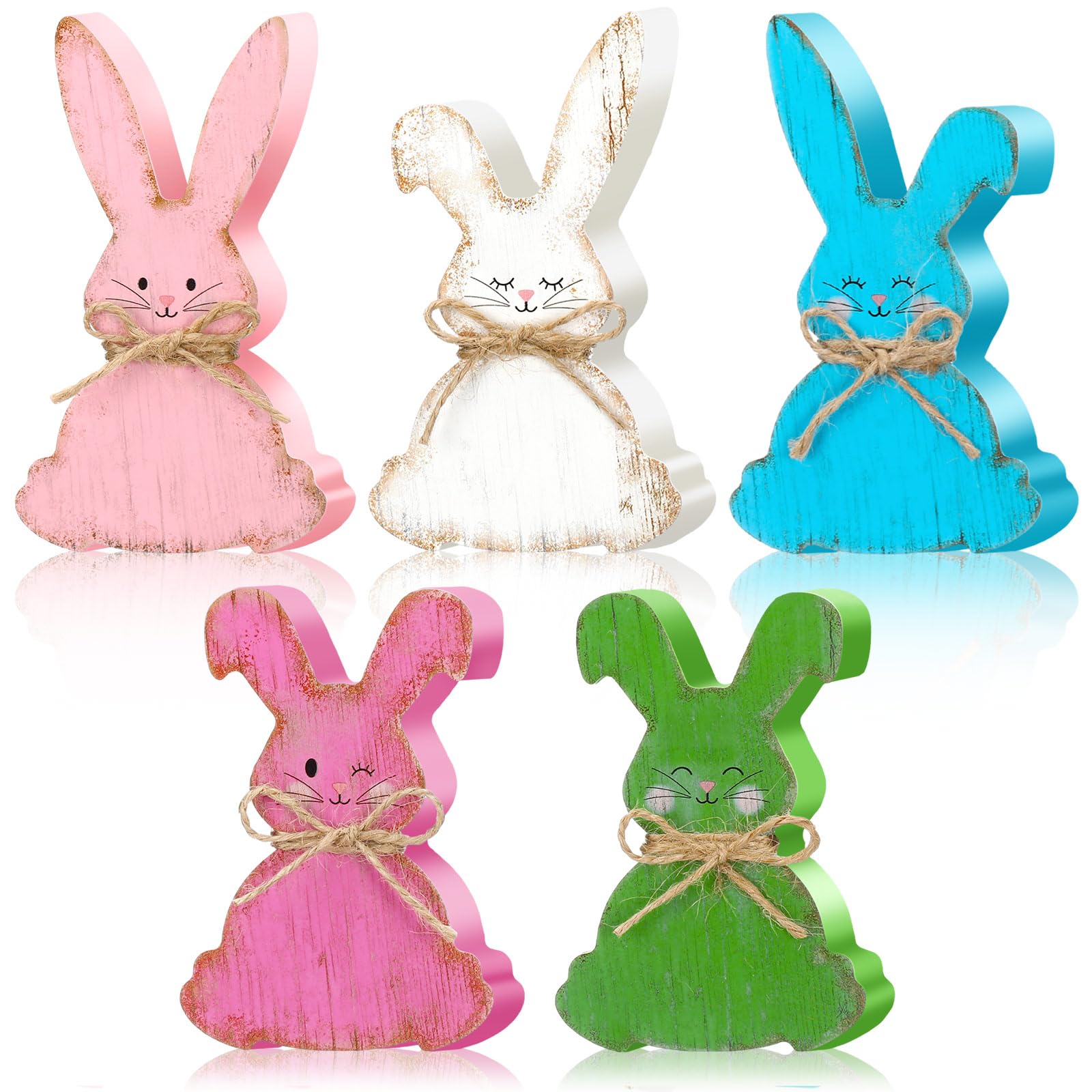 Photo 1 of 5 Pcs Easter Bunny Wooden Signs Freestanding Bunny Table Decor Farmhouse Rabbit Shaped Wood Tabletop Centerpieces with Jute Rope Tiered Tray Spring Decor Home Desk Office Gift, 5 Colors
