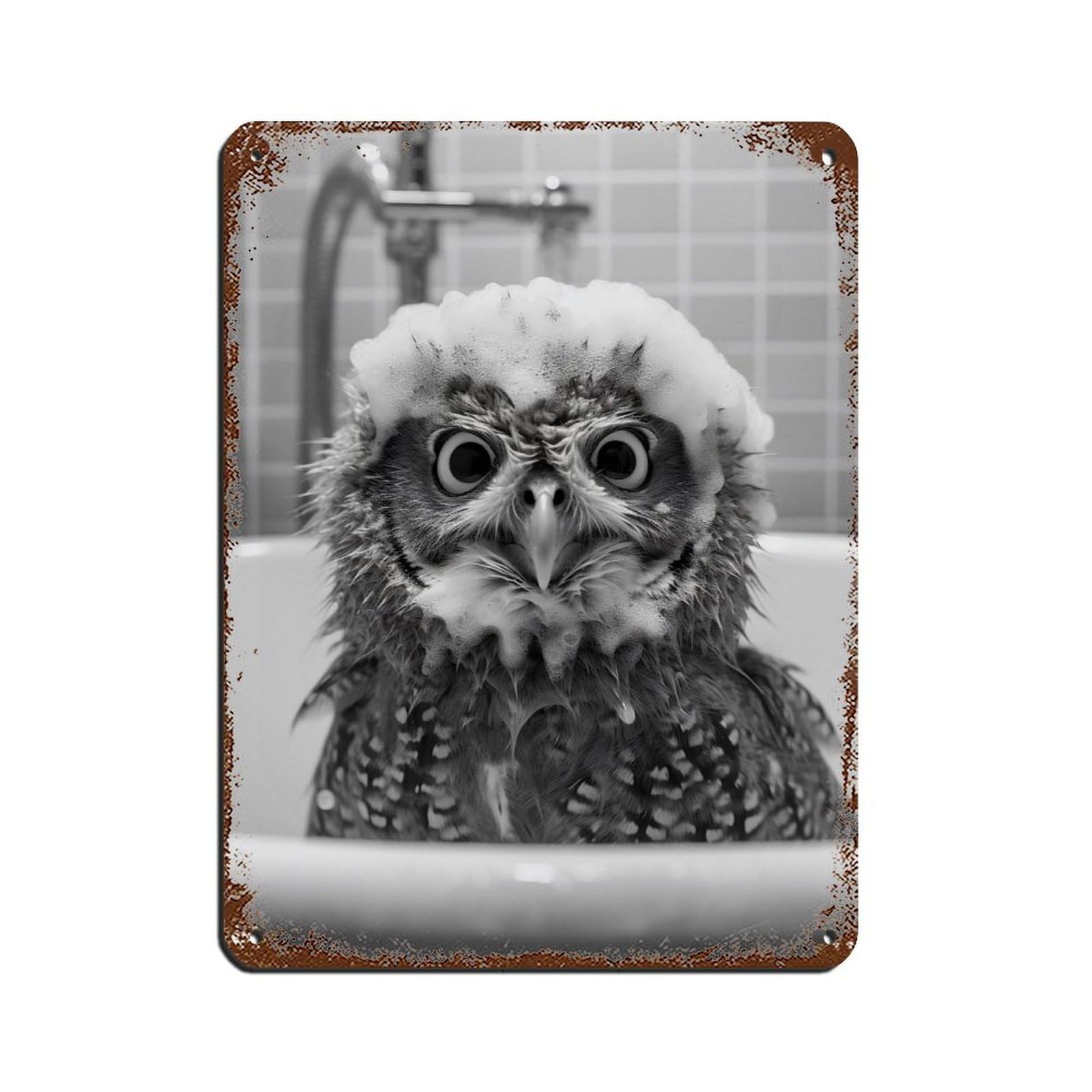 Cute Owl in Tub Bathroom Art Poster Retro Poster Metal Tin Sign Chic Art Retro Iron Painting Bar People Cave Cafe Family Garage Poster Wall Decoration 12x16inch(30x40cm)