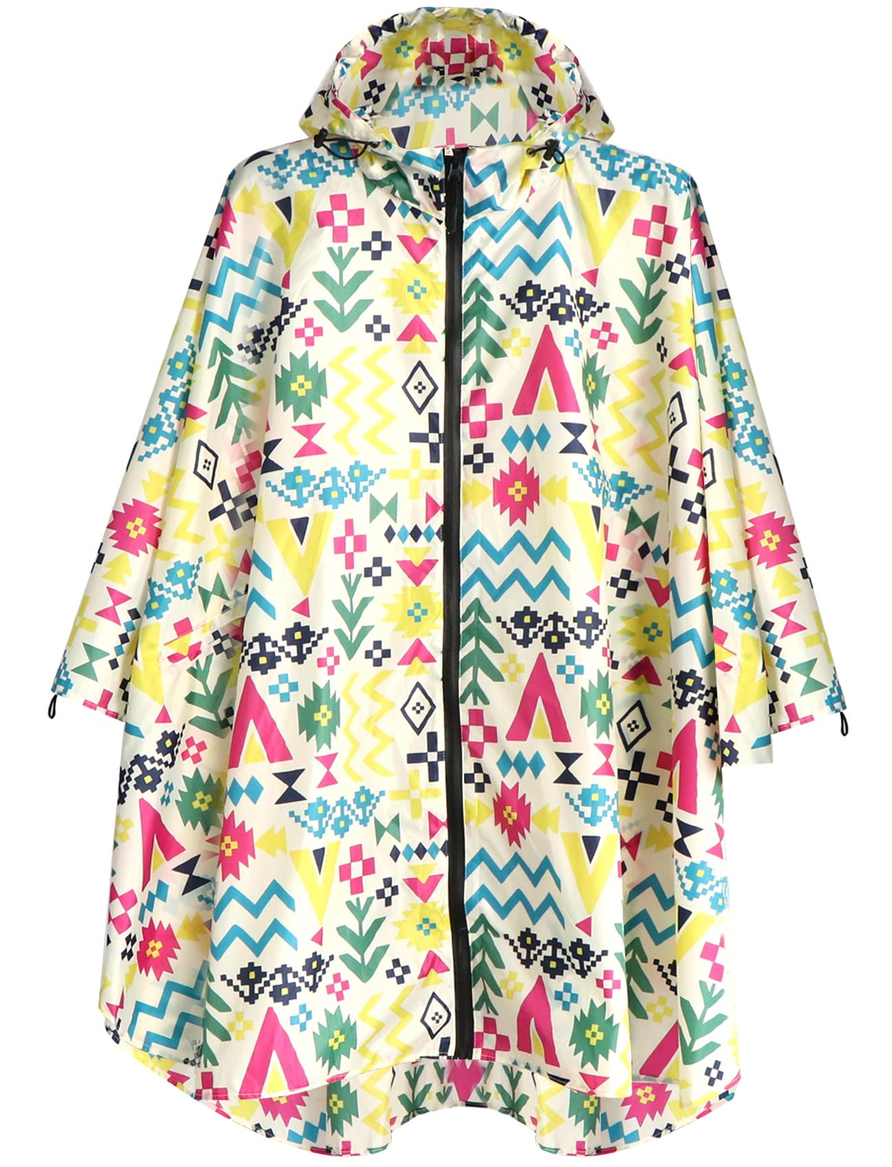 ANYOO Lightweight Waterproof Rain Poncho Reusable Ripstop Breathable Raincoat with Hood for Women Men Outdoor Activities, Colorful Geometry, One Size