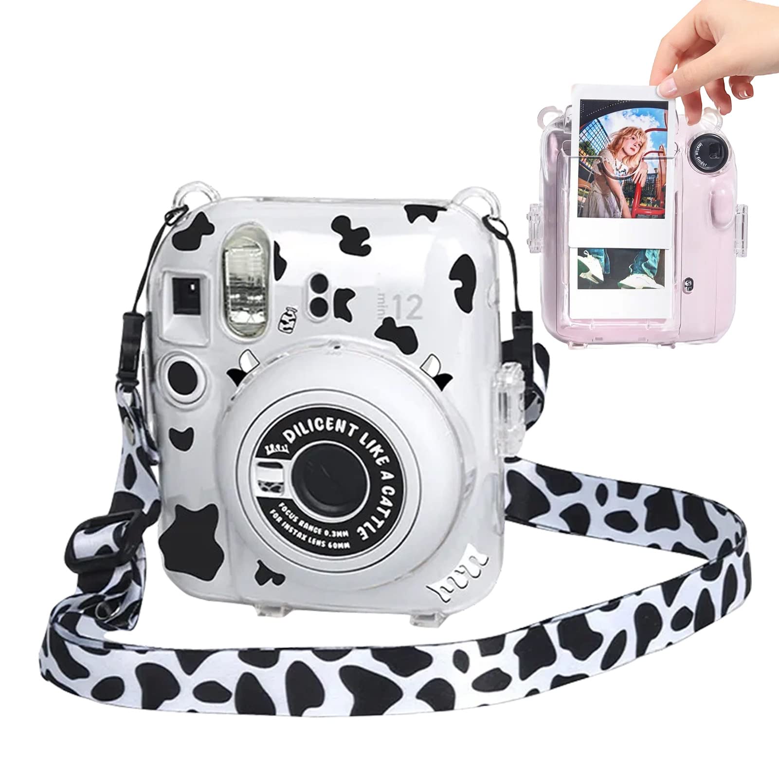 Kimyoaee Mini12 Clear Photo Case for Fujifilm Instax Mini 12 Cover Camera Protection with Films Pocket Storage, Removable Adjustable Shoulder Strap