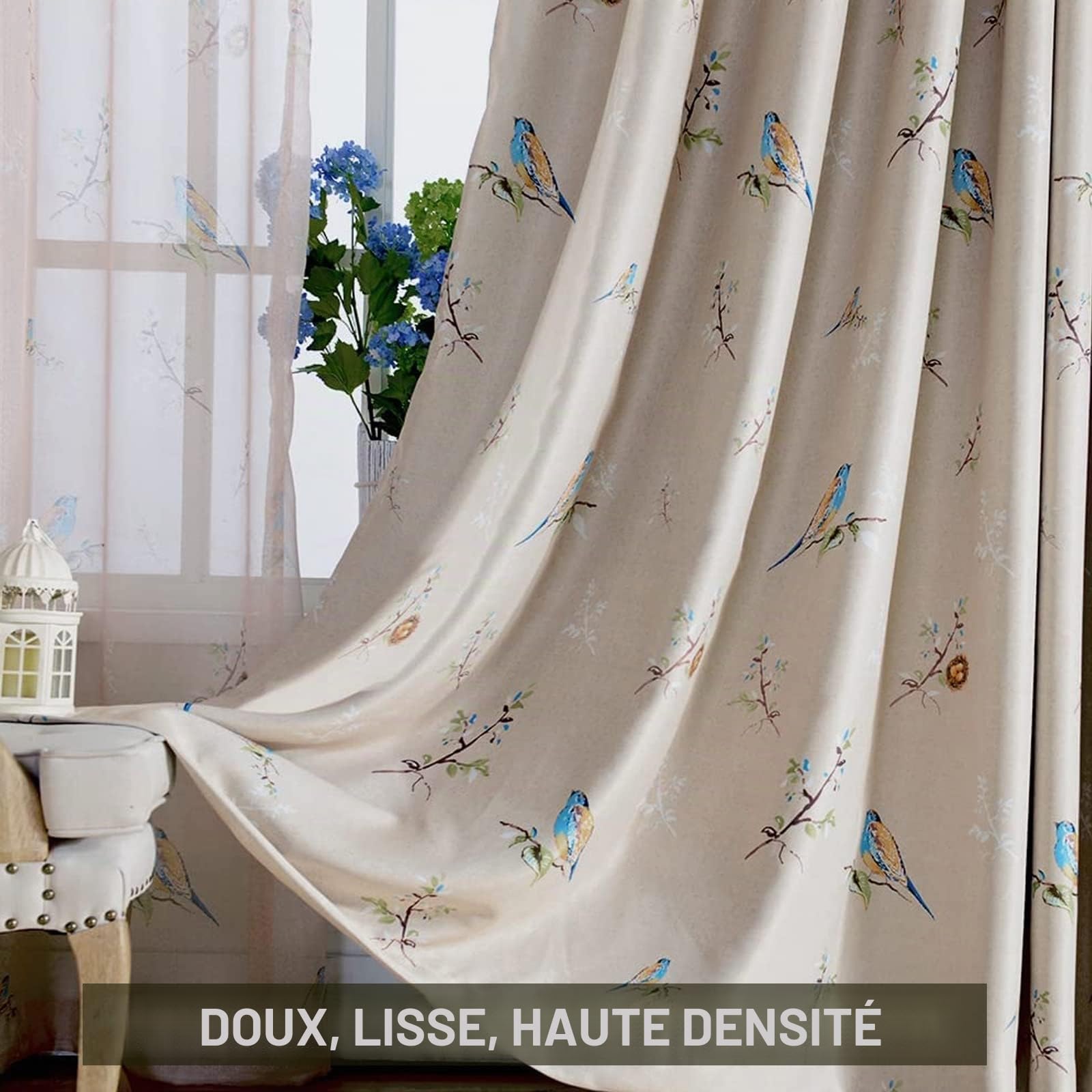 SUOUO Rideaux occultants Double Face à Motif Oiseaux pour Chambre à Coucher - 213 cm de Long - 2 Panneaux à Isolation Thermique - Taupe