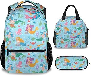 AIOMXZZ Mermaid Backpack with Lunch Box Set for Girls, 3 in 1 School Backpacks Matching Combo, Cartoon Pink Bookbag and Pencil Case Bundle