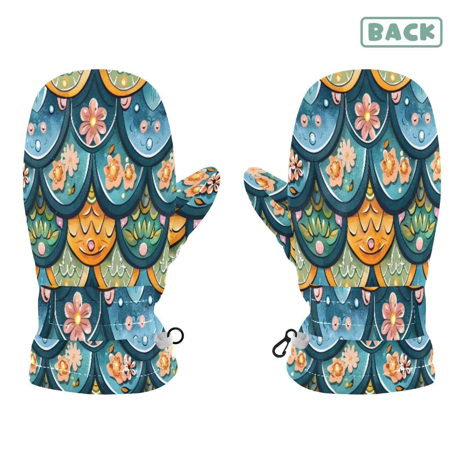 Kid's Winter Gloves Children Warm Gloves Fantasy Mermaid Scale Pattern with Many Flowers for Boys Girl Age 2-4 Years