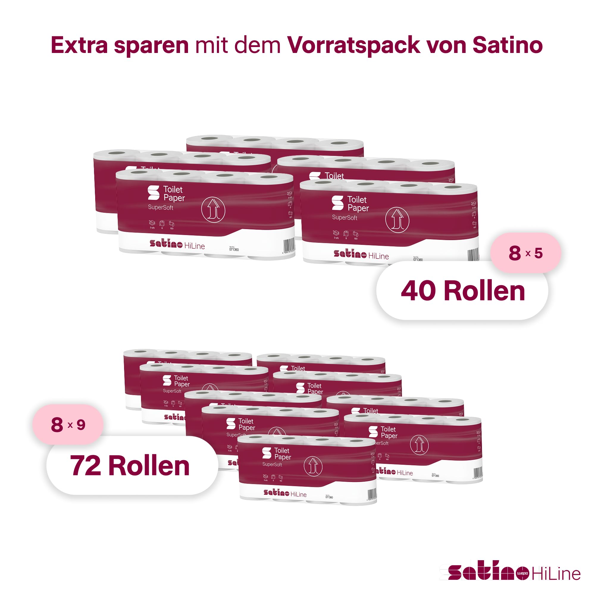 72 Rollen Toilettenpapier 4lagig – super soft dank 100% Zellstoff - Made in Germany - 150 Blatt pro Rolle – 9 Pack mit je 8 Rollen - super soft – weiß – Premium Klopapier 4 lagig – WC Papier Satino