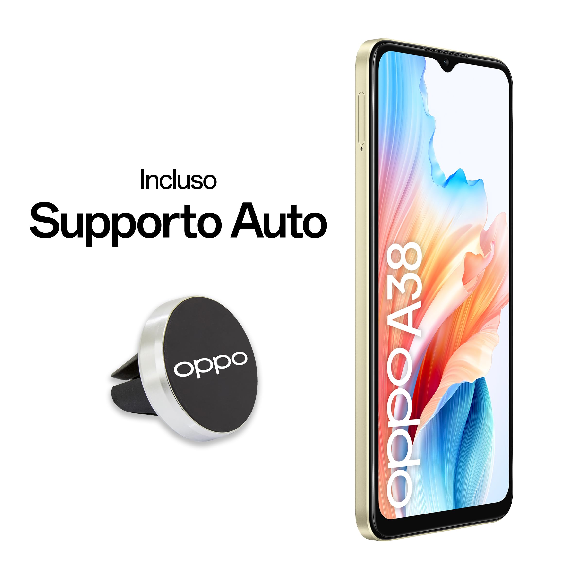 OPPO A38 4G Smartphone, AI Doppia fotocamera 50+2MP, Selfie 5MP, Display 6.56” 90HZ LCD HD+, 5000mAh, RAM 4 (Esp 1GB/2GB/4GB)+ROM 128GB (esp1TB), IP54, Supporto Auto [Versione Italia],Glowing Gold