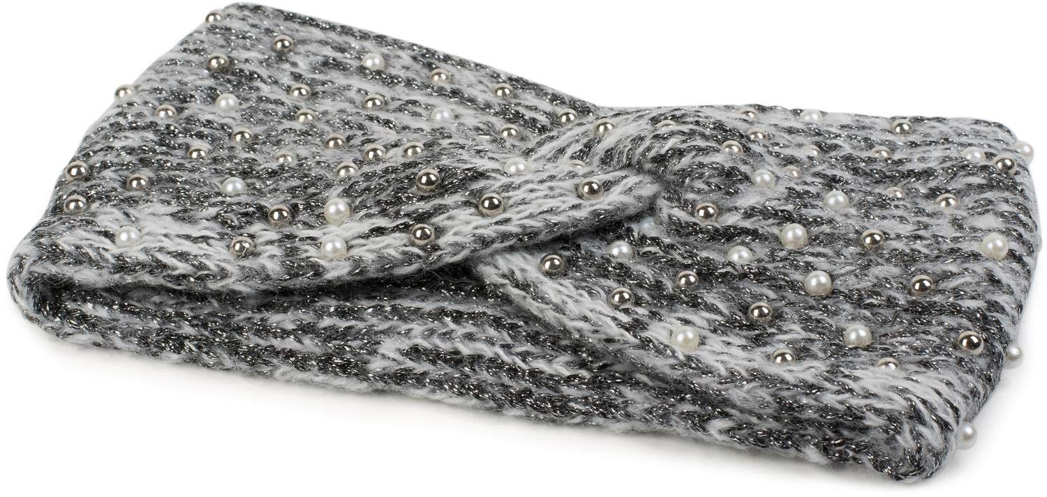 styleBREAKER women knit headband with pearls, metallic yarn and knot, hairband, headband 04026029, color:White-Black - Image 2
