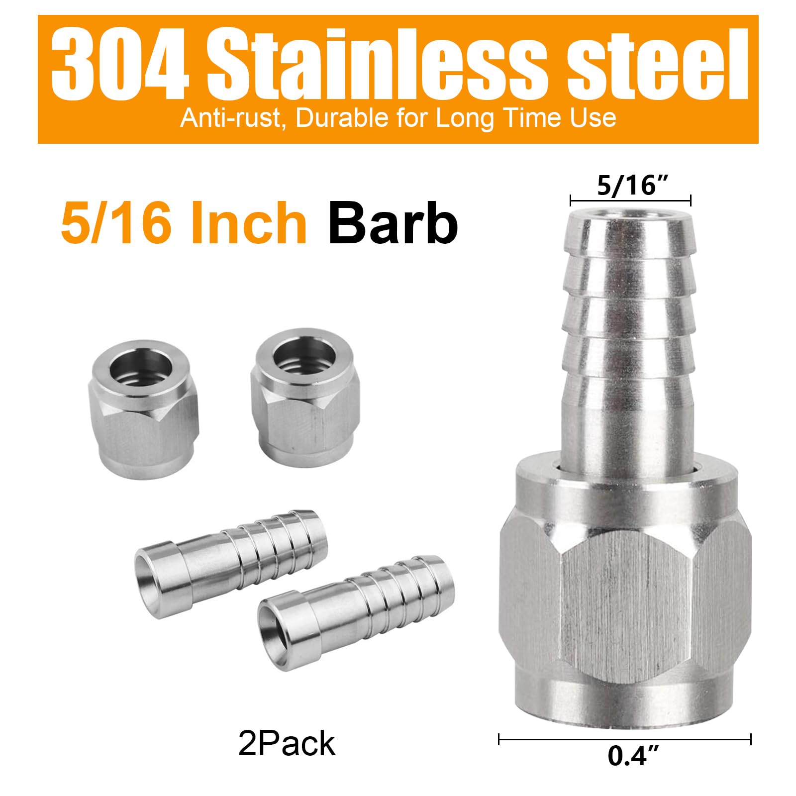 MRbrew Stainless Steel Hose Swivel Nut Barb, 2Pcs 5/16'' Barb Connector, for Ball Lock Keg Fittings Kegerator Parts Corny Keg Connectors MFL Quick Disconnect Fittings Co2 Regulator Hose Adapter