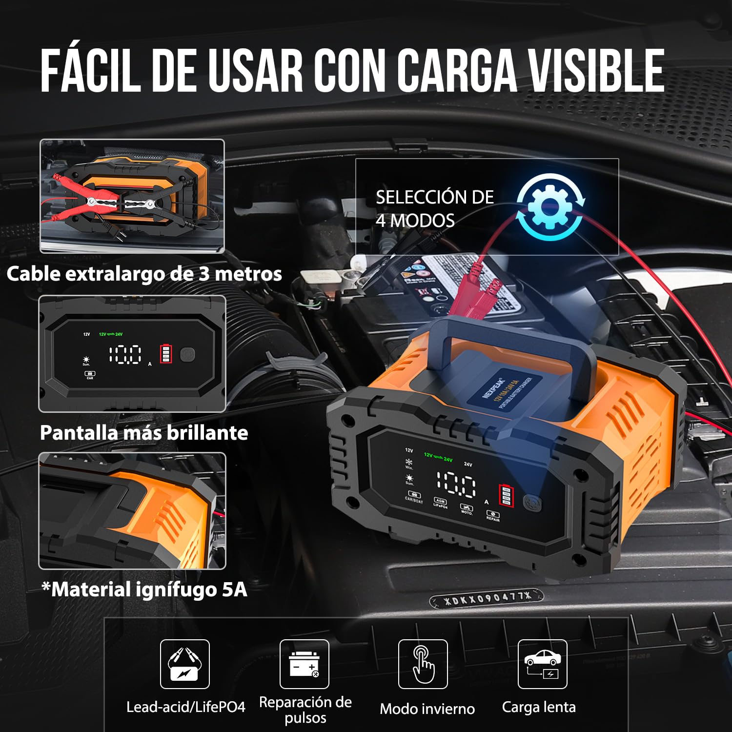 Cargador de batería Inteligente 10A, Cargadores de batería de Coche LiFePO4 12V 24V, mantenedor de batería automático con compensación Temperatura para Coche Motocicleta camión, AGM, Gel, húmedo, SLA