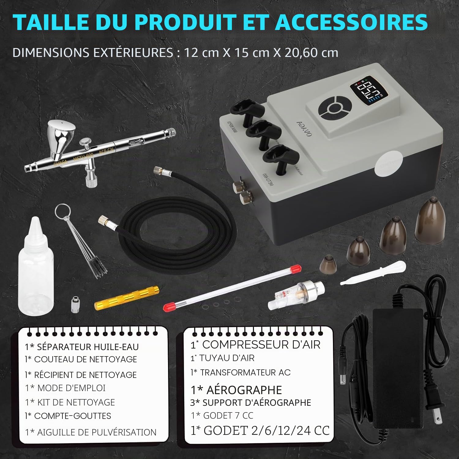 Kit de système d'aérographe professionnel ultra silencieux 85 psi, double action, ensemble aérographe multifonction avec compresseur pour peinture, décoration de gâteau, maquillage, art