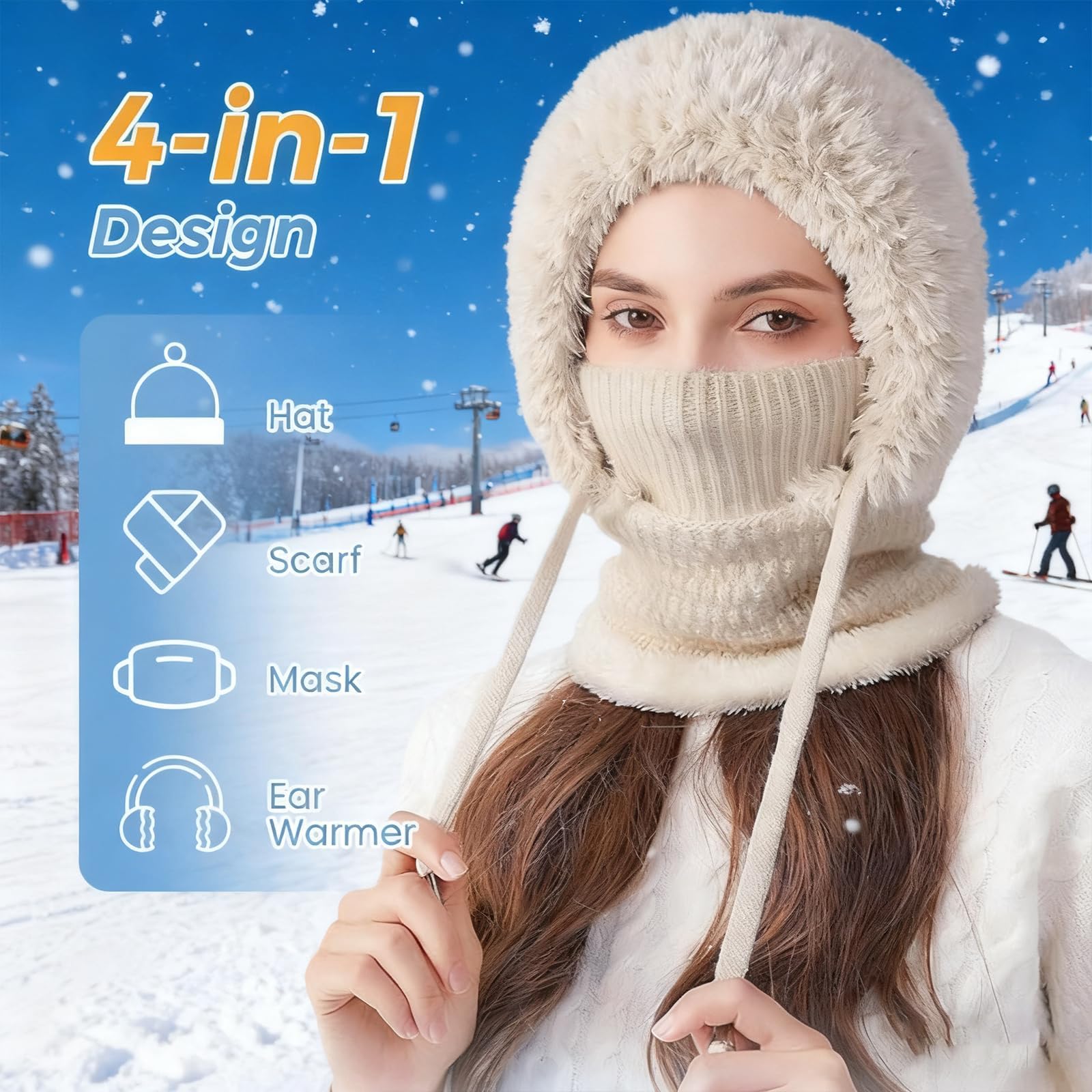 3 in 1 Beanie Hat for Women,All in One Hat and Scarf,Knitted Ski Scarf and Mask Set — view 2
