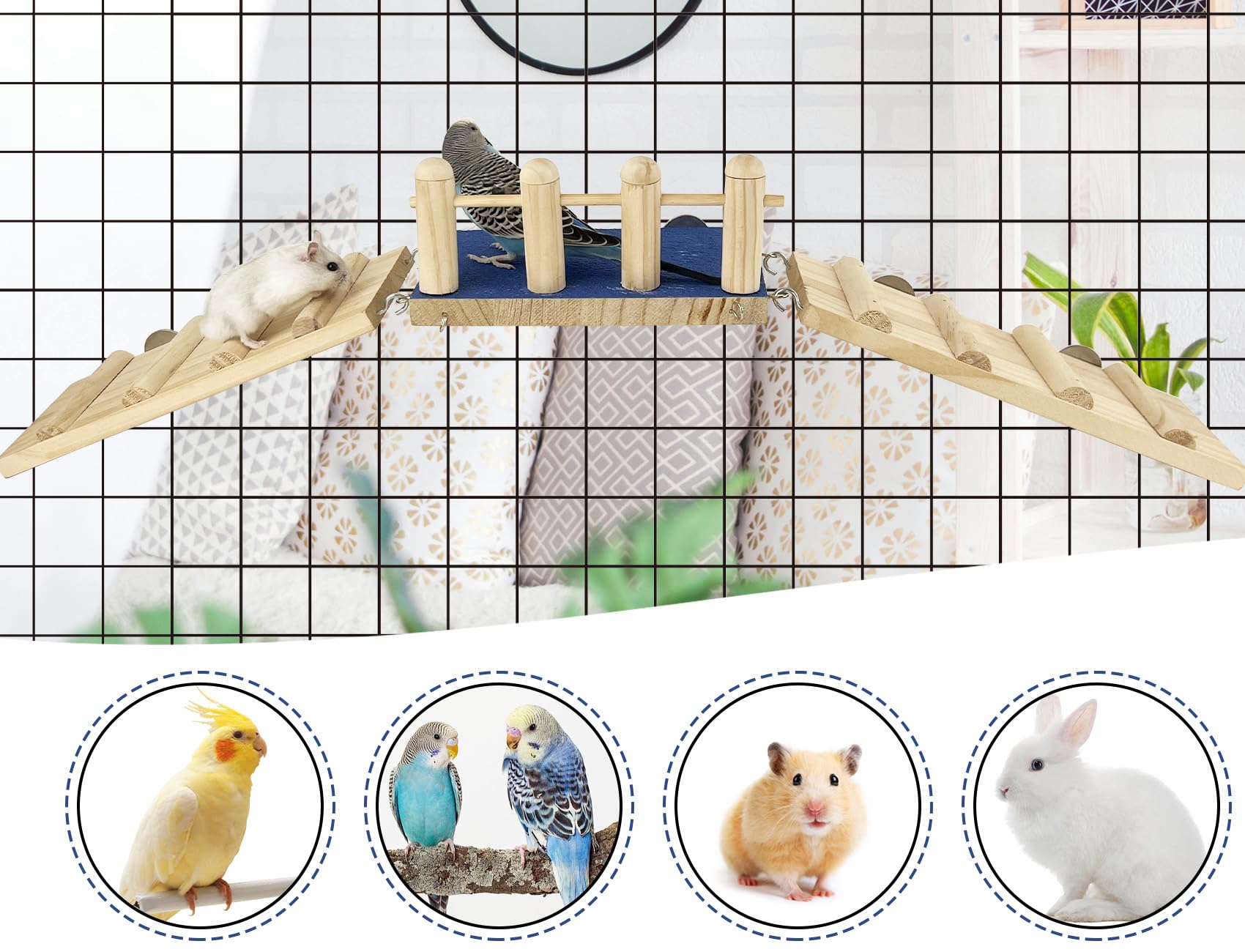 FlidRunest Bird Toy, Parrot Perch Platform with Swing and Ladder, Bird Perch Paw Grinding Rough-surfaced, Wooden Climbing Exercise Stands for Parakeet, Parrot, Lovebird, Cockatiel, Hamster