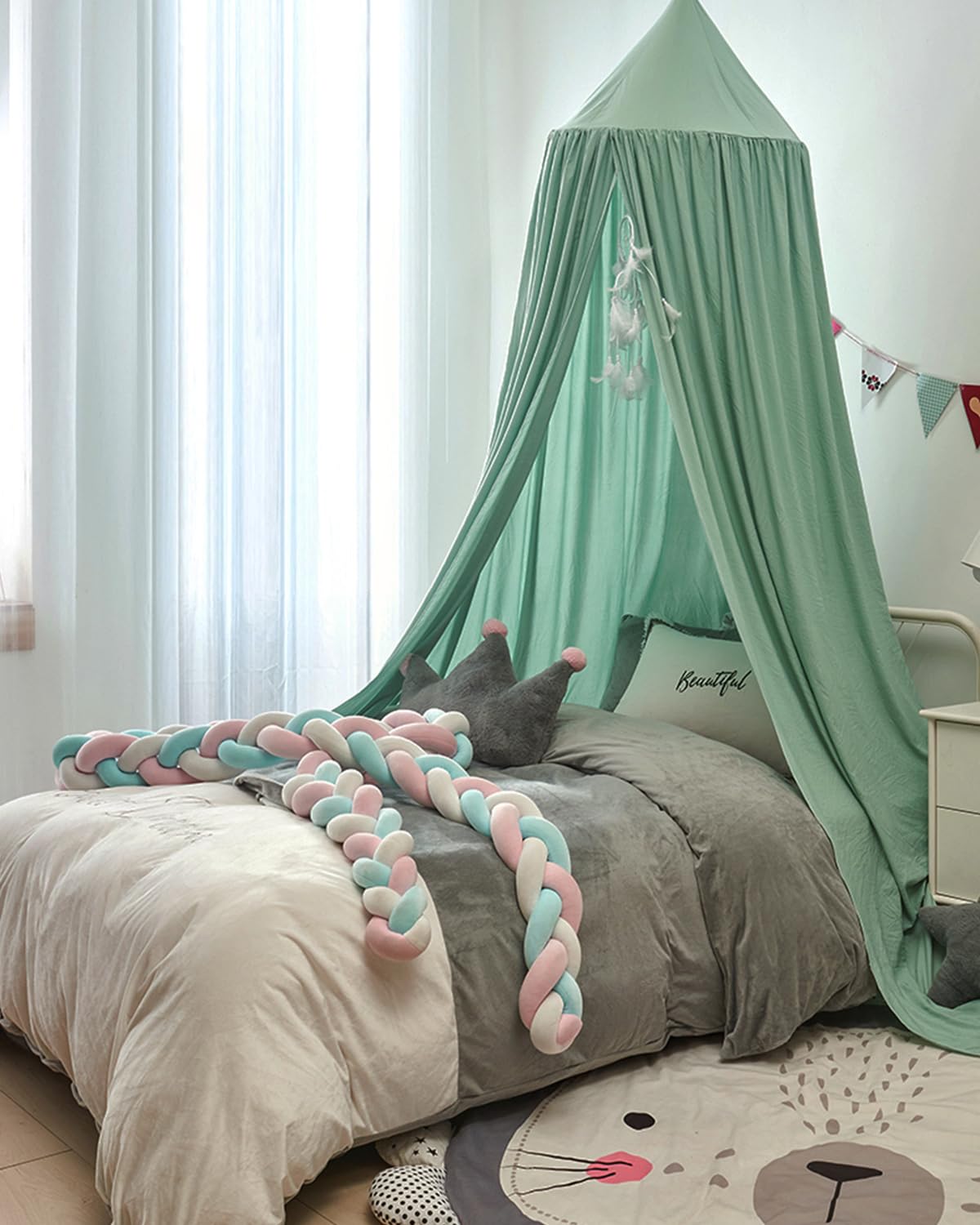 Surwin Baldacchino per Letto Bambini, Tenda Zanzariera Cupola Rotonda Baldacchino per Decorazione Lettino Culla Bambini Cameretta Camera da Letto Lettura - Lago Verde