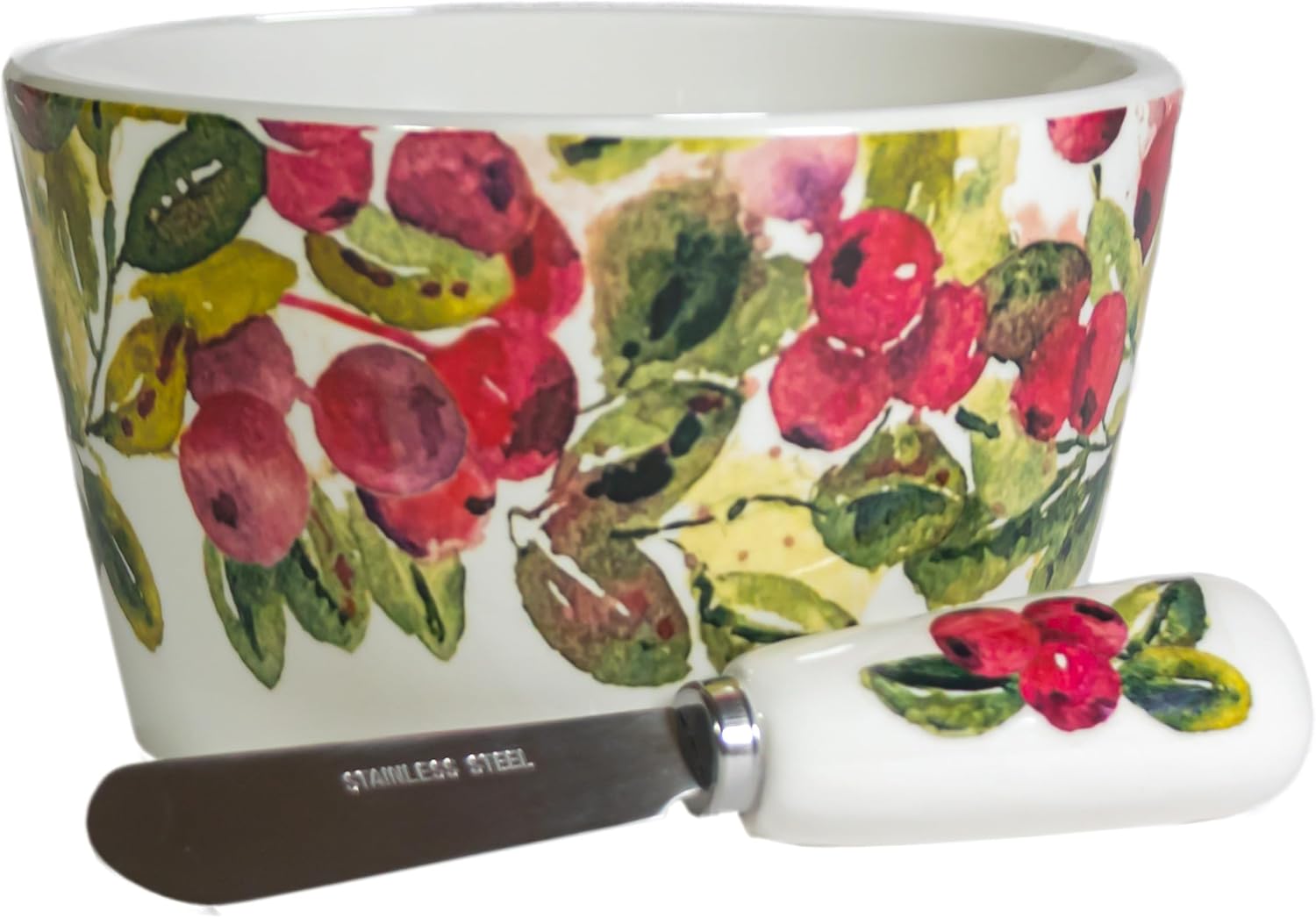 Boston International Small Ceramic Bowl and Spreader Serving Set, 14 Ounces, Dancing Deer