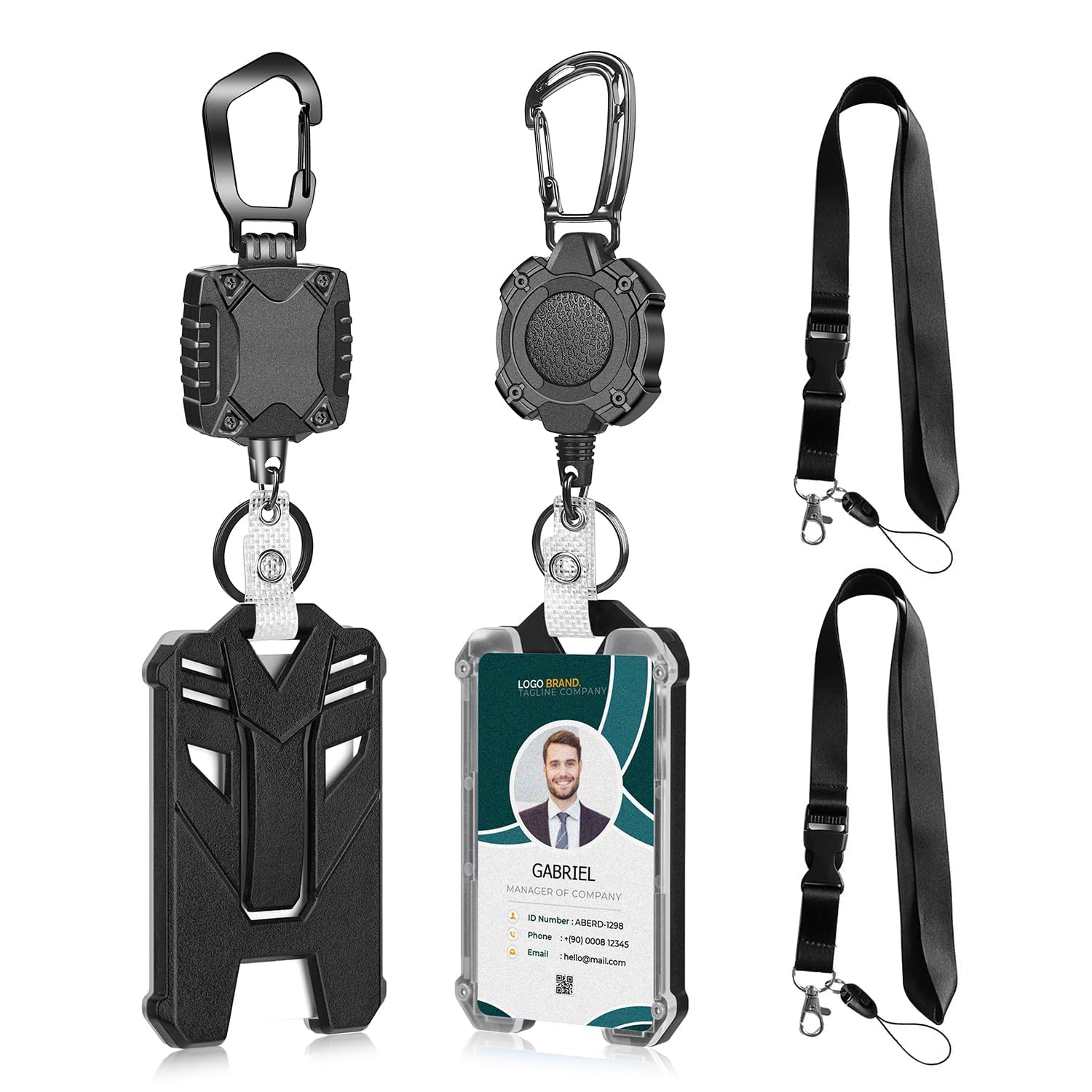 2 Pack Heavy Duty Retractable Badge Reel ID Badge Holder with Breakaway Lanyard Retractable Key Chain Carabiner with ID Cards Holder Cool Tactical ID Holder with Clip (2pack-biack-Square)