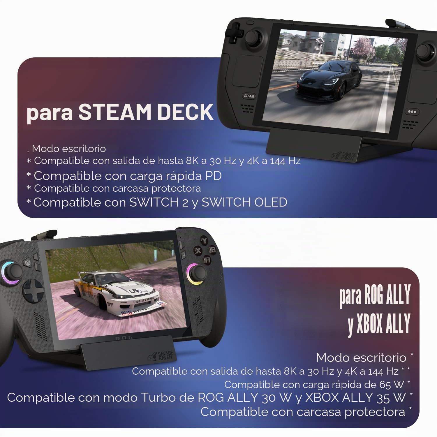 Savage Raven by Skull & Co. OneDock Pro Portable Dock with Detachable USB Hub HDMI TV Adapter for SteamDeck/OLED, ROG Ally/X, Xbox Ally/X, Black, with Extension Cable