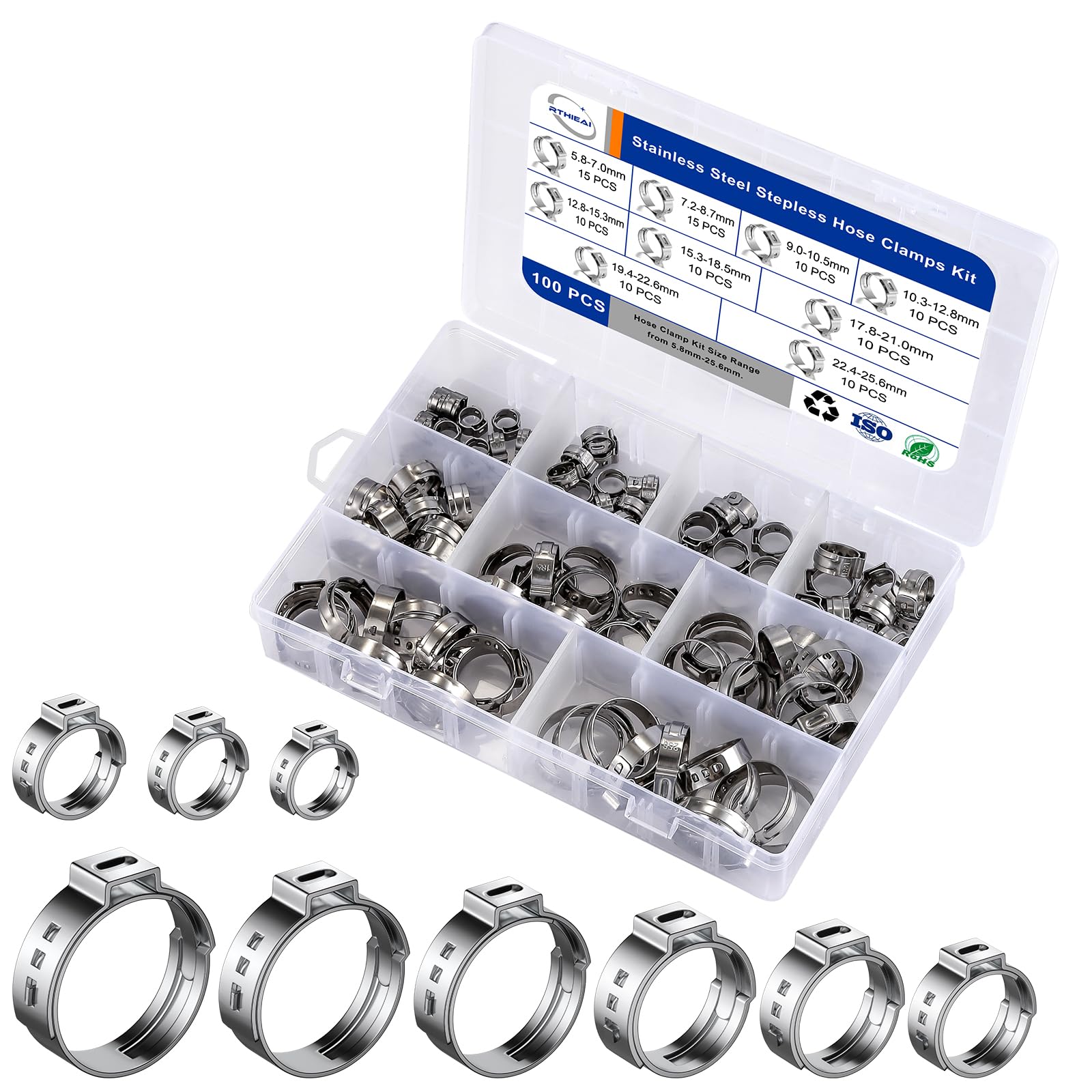 Stepless Cinch Clamp Rings Kit (100 PCS), 9 Sizes 7-25.6mm, 304 Stainless Steel Single Stepless Ear Hose Clamps for Plumbing and Pipe Fitting Connections, tubing Pipe Fitting by RTHIEAI