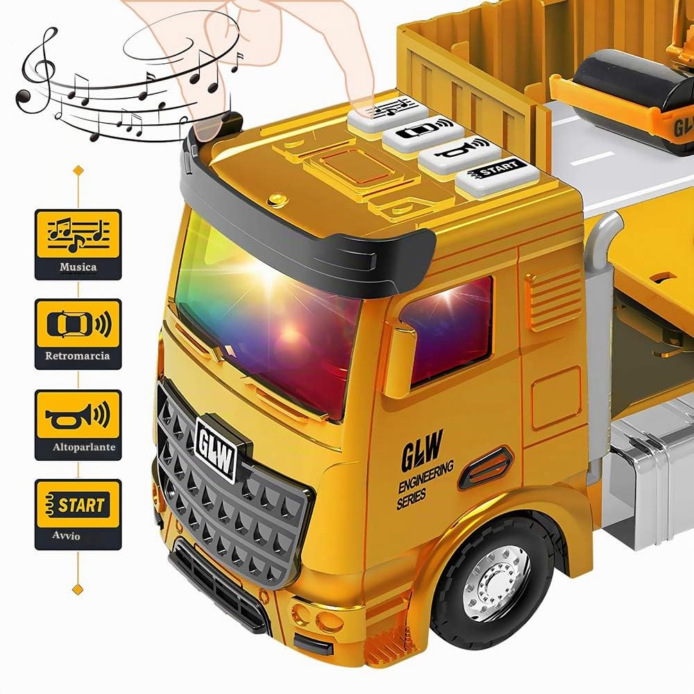 OR OR TU Camion da Cantiere Giocattolo per Bambini con Escavatore Costruzione Torre Gru Effetti di Musica Luce Camion Betoniera Veicoli da Cantiere Regalo di Compleanno per 3 4 5 6 7 8+ Anni