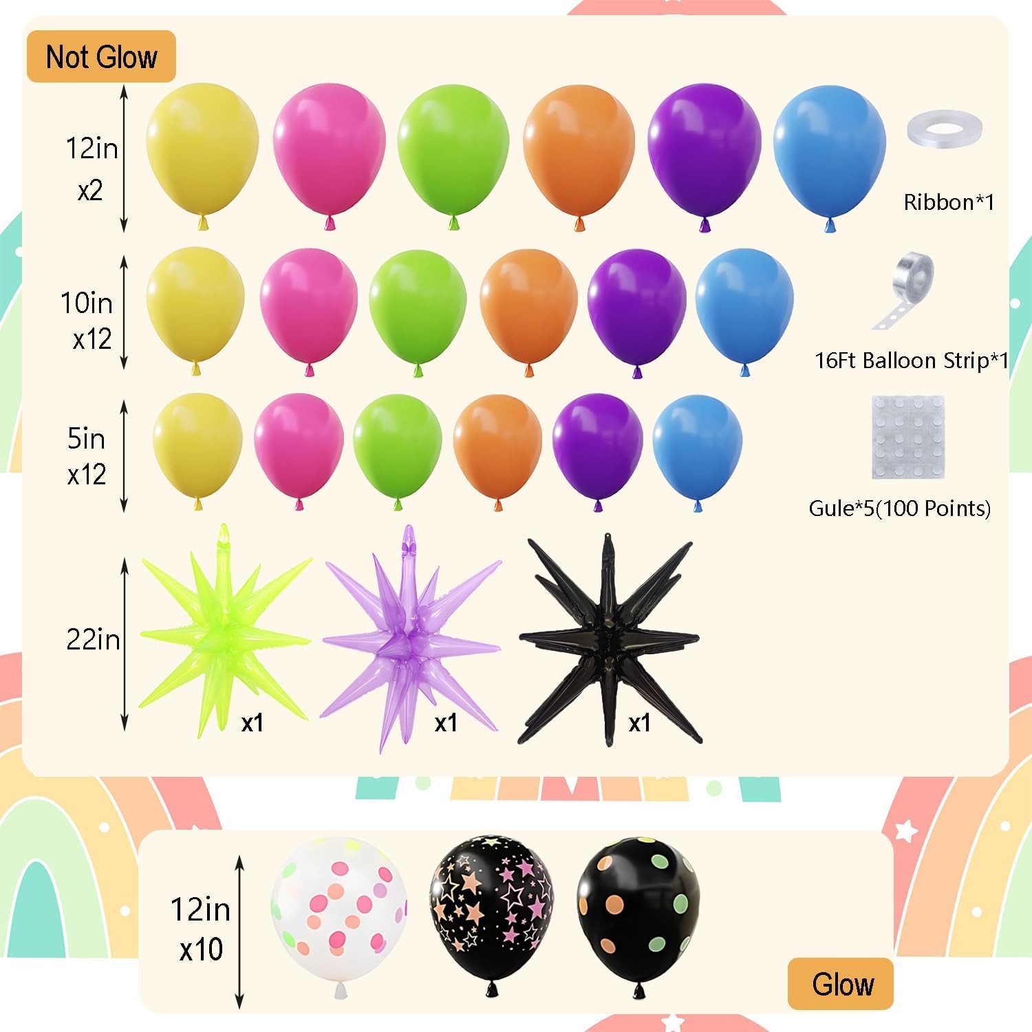 Kit di 190 palloncini arcobaleno da discoteca con palloncini fluorescenti fluorescenti, palloncini da discoteca che si illuminano al buio, decorazioni per feste di compleanno per anni '80 e '90