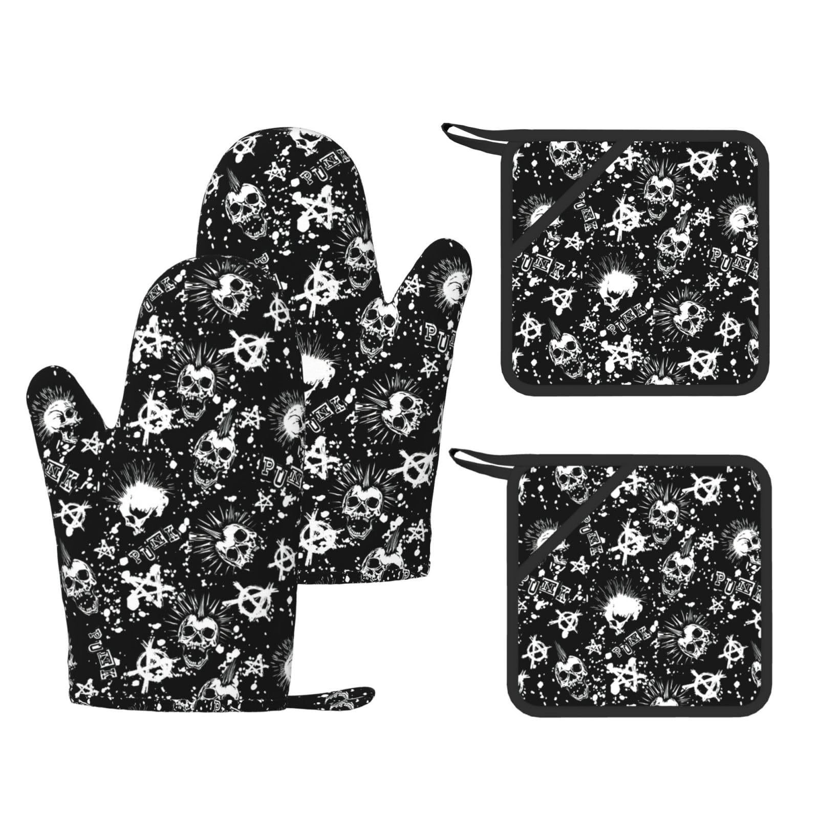 Nimongt Black White Punk Skull Print Heat Resistant Gloves Pads Reusable Kitchen Set Oven Baking Grilling Cooking