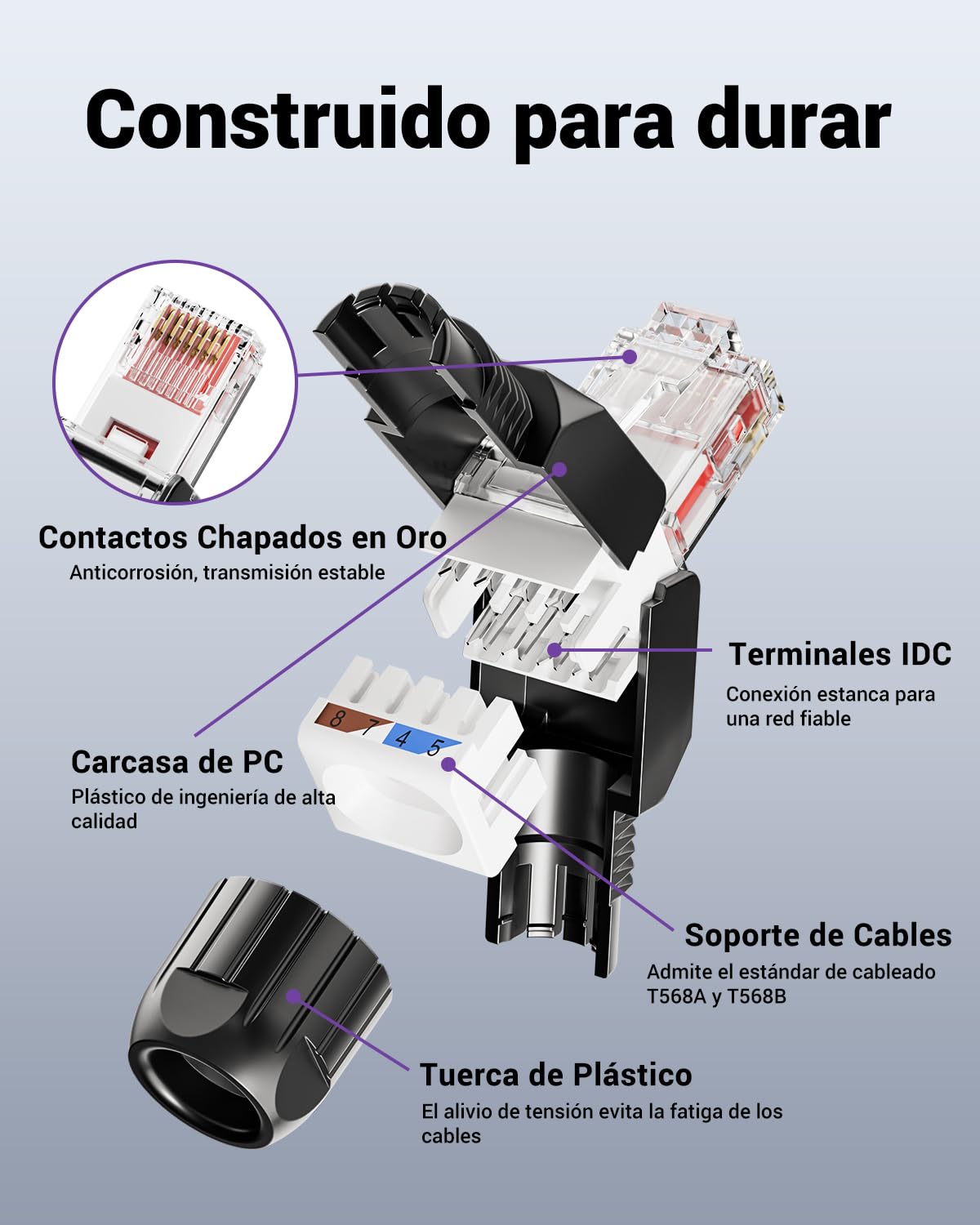 VCELINK Cat6 Conector RJ45 Sin Herramientas LSA, 1000 Mbps/250 MHz, Compacto y Reutilizable, Clavija RJ45 UTP Bañado en Oro para Cable de Red AWG 23-26, Compatible con PoE, Negro, 6 Unidades