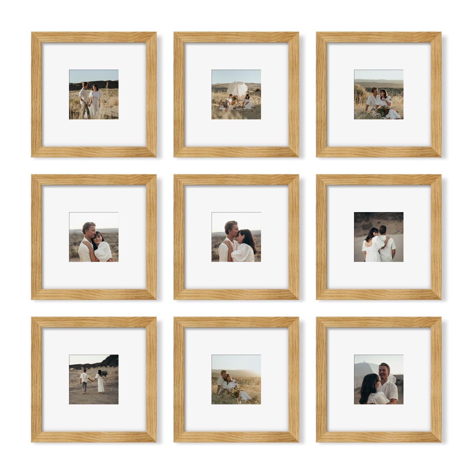 Photo 1 of YESKAY 8x8 Picture Frame Set of 9, Photo Gallery Wall Frame Set, Display Pictures 4x4 with Mat or 8 x 8 Without Mat, Square Frame Picture Frames Collage Wall Decor, Natural Oak