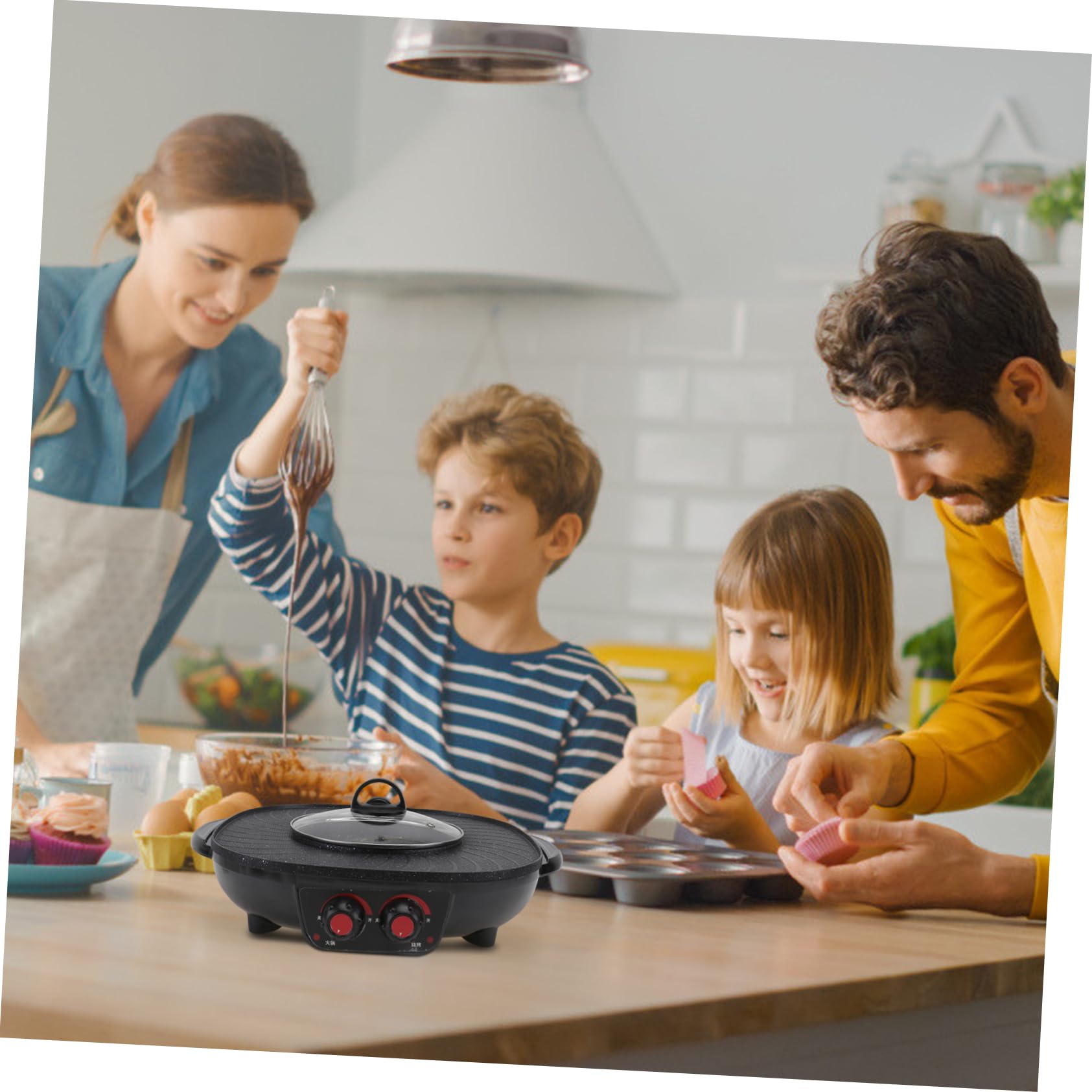 Pot Chaud Électrique Multifonction Noir en Fer avec Contrôle Double, Chauffage Rapide et Uniforme, sans Fumée, pour Barbecue et Fondue en Famille