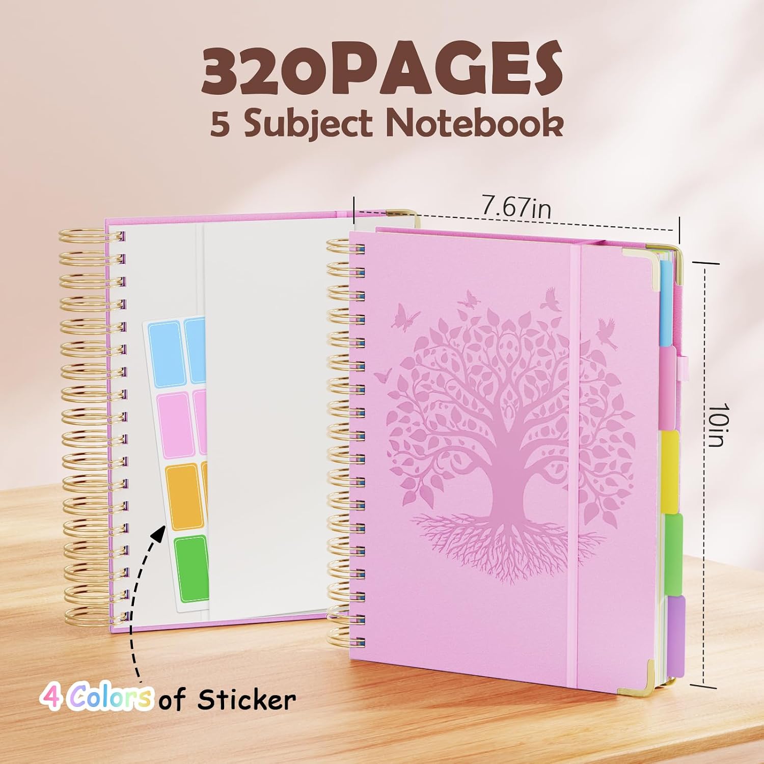 QIYVLOS Hardcover Spiral Notebook, B5 Journal with Removable Dividers Tabs, 5 Subject Notebook College Ruled, 320 Pages 8"x10" Leather Notebooks for Work School Study, Lined Journal for Women, Pink image 2
