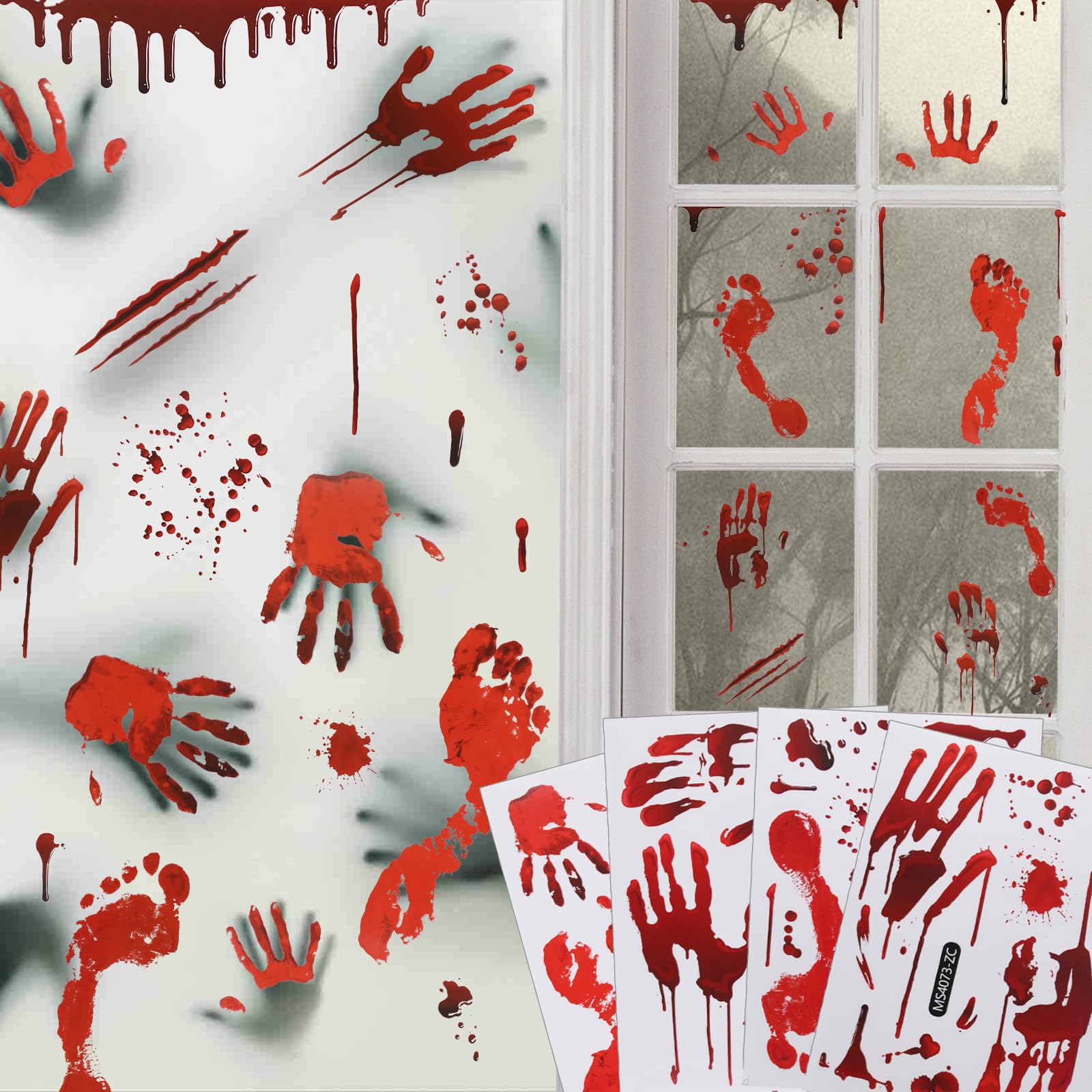 Halloween Bloody Handprint Tablecloth Set - 3-Piece PVC Decoration With Apron & Glass Sticker For Haunted House - View #5