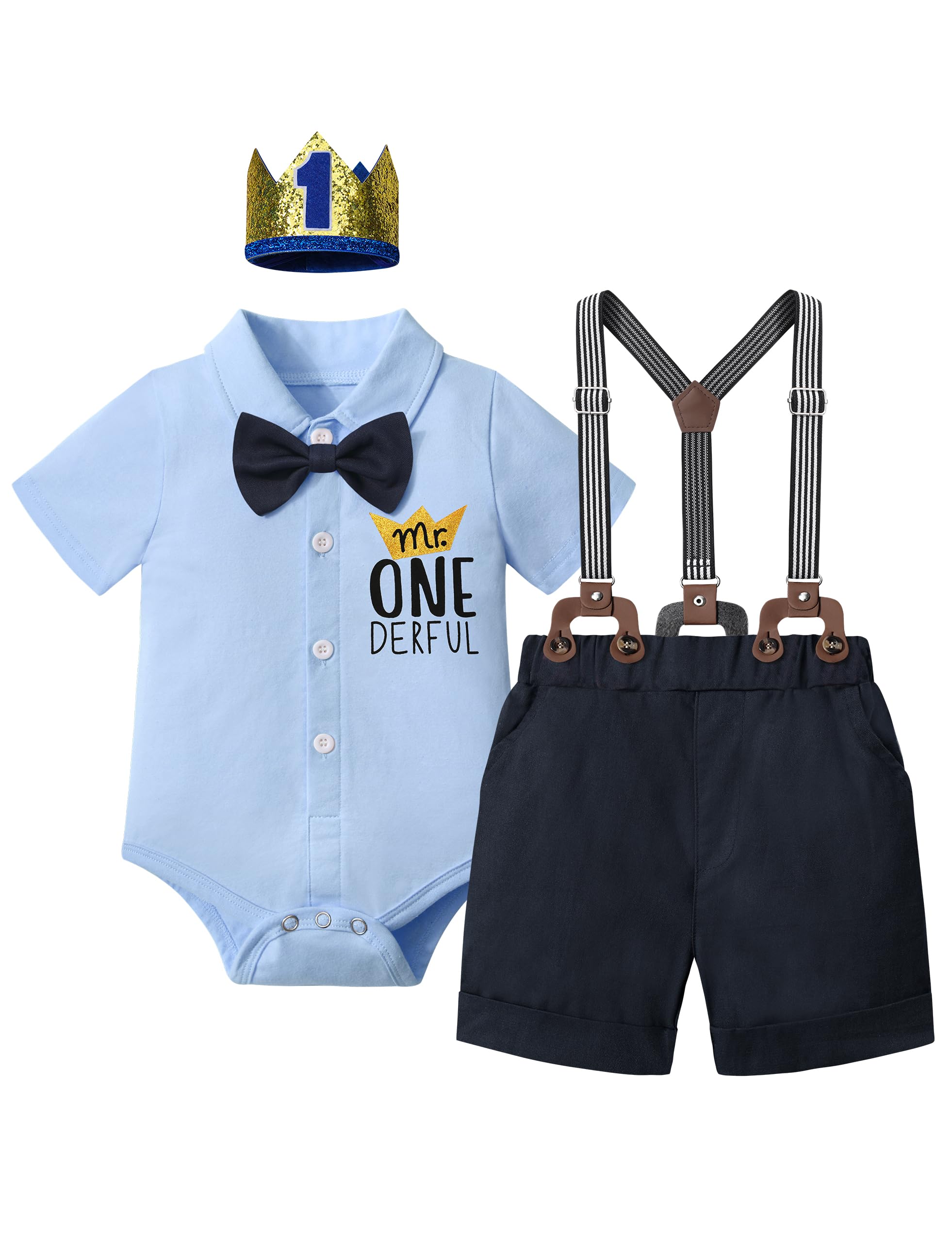 DONWEN Baby Boy First Birthday Outfit Mr Onederful Bowtie Romper + Suspender Shorts+ Party Hat Cake Smash Outfits