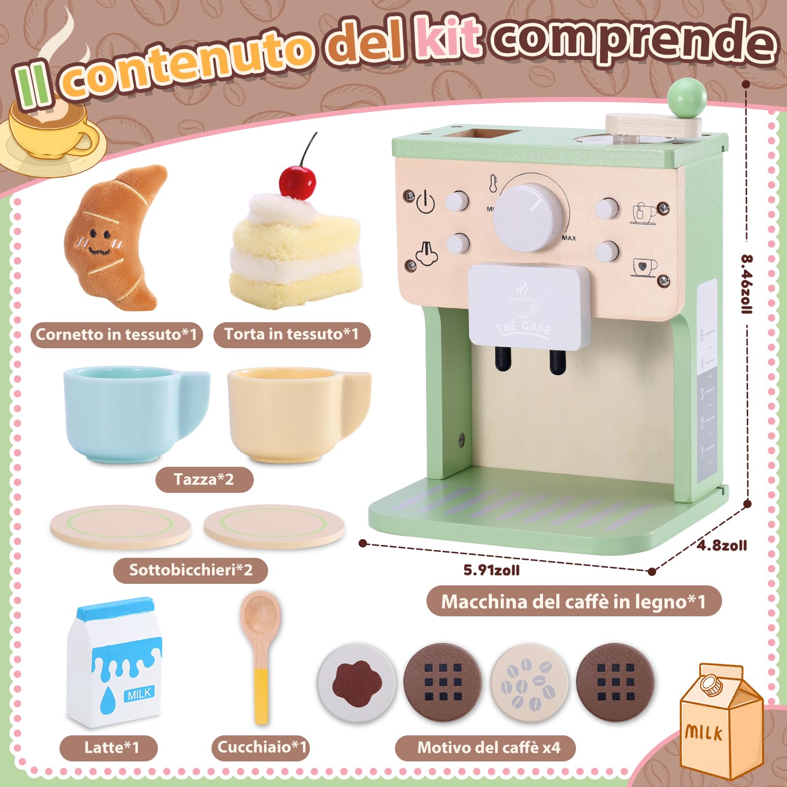 VBACALA Macchina da Caffè in Legno per Bambini,14 Pezzi Macchina da Caffè Espresso con Suoni e Bottoni,Accessori Cucina Bambini in Legno,Torta e Croissant in Tessuto,Regalo adatto a bambini dai 3+anni