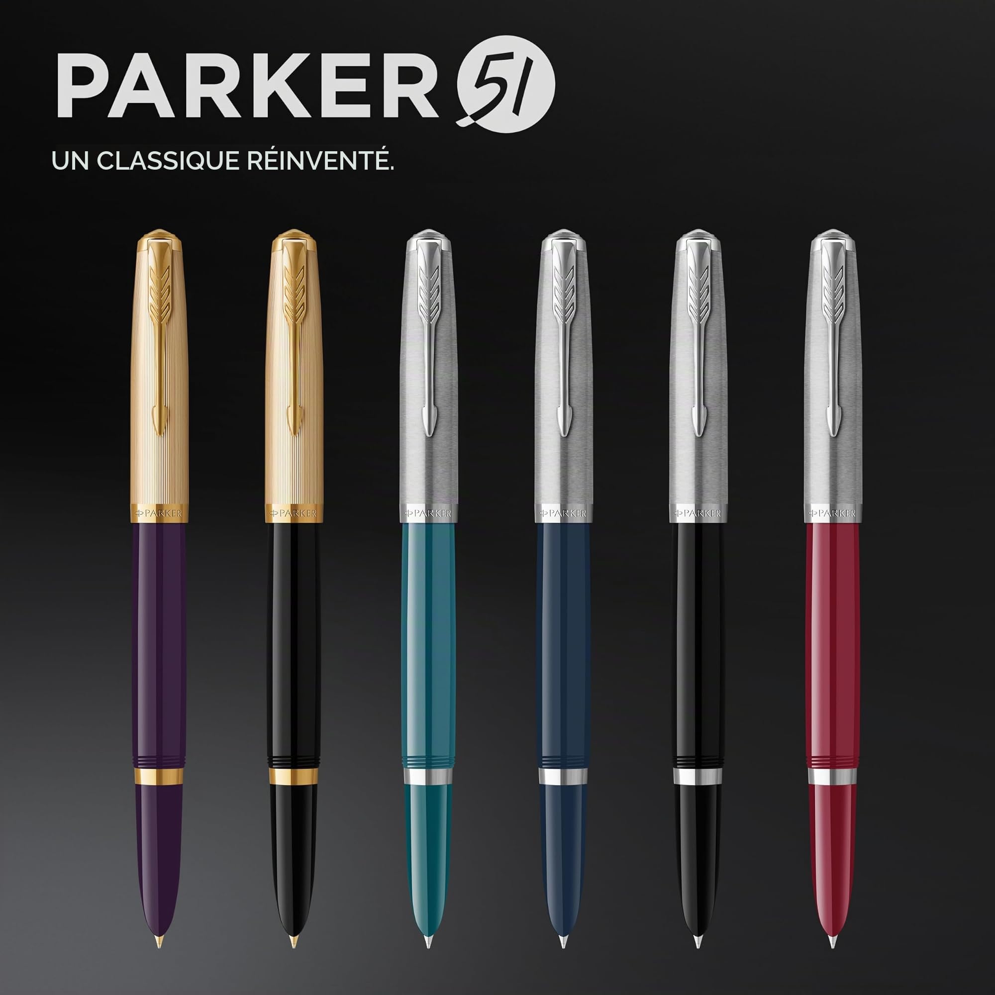 Parker 51 Deluxe stylo plume | Corps noir et attributs dorés | Plume fine en or 18 carats | Cartouche d'encre noire | Livré dans son écrin