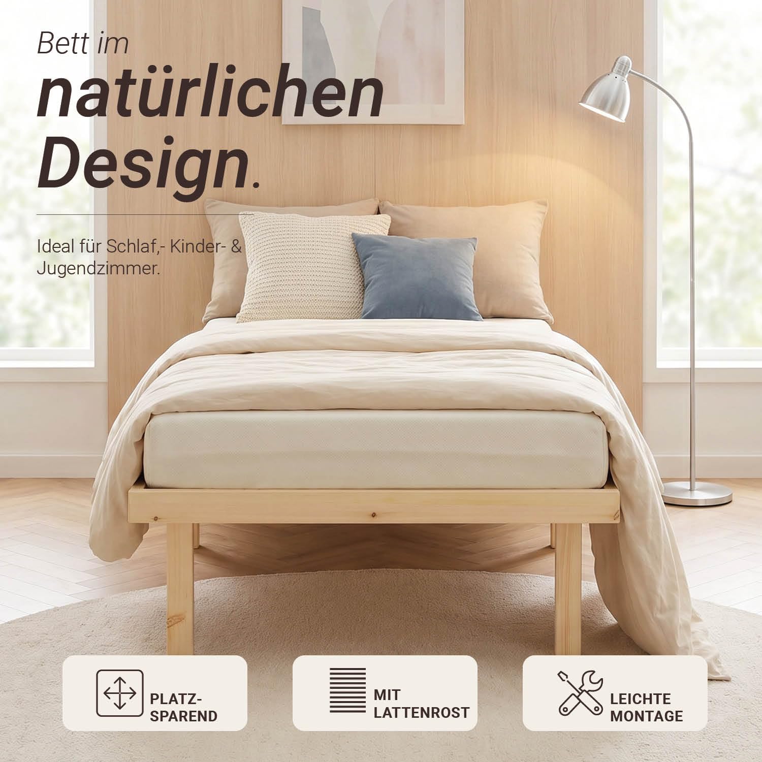 Homestyle4u Palettenbett 90x200 Kiefer Massivholz mit Lattenrost | Einzelbett aus unbehandeltem Kiefernholz – inkl. Lattenrost, Höhe 33 cm, geeignet für Jugendzimmer & Gästezimmer