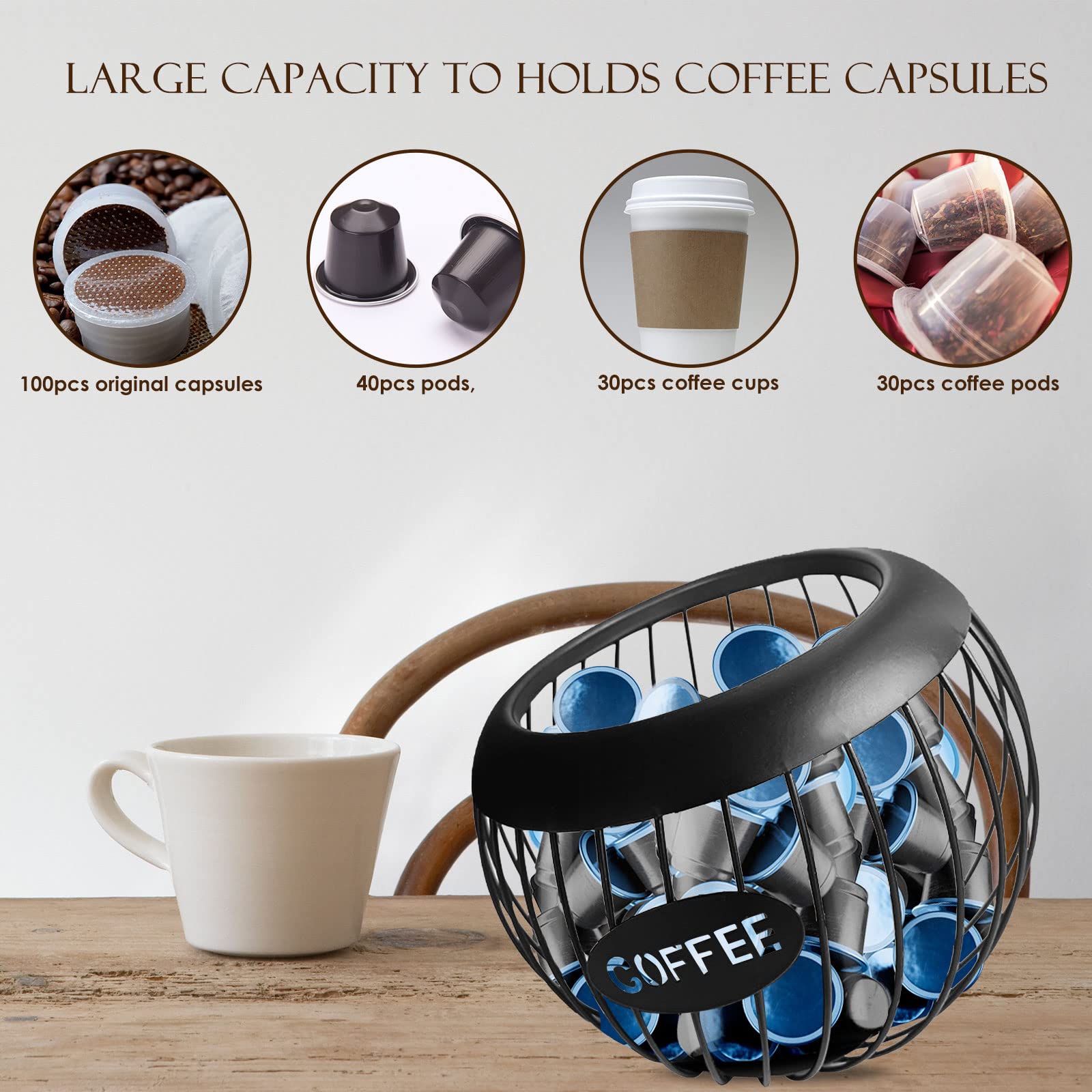 Cestello Portaoggetti per Caffè, Cestello Porta Capsule di Caffè, Porta Cialde da Caffè e Tazza Organizer, Contenitore Per Capsule di Caffè, Cestello porta Caffè da Cucina in Metallo, Nero