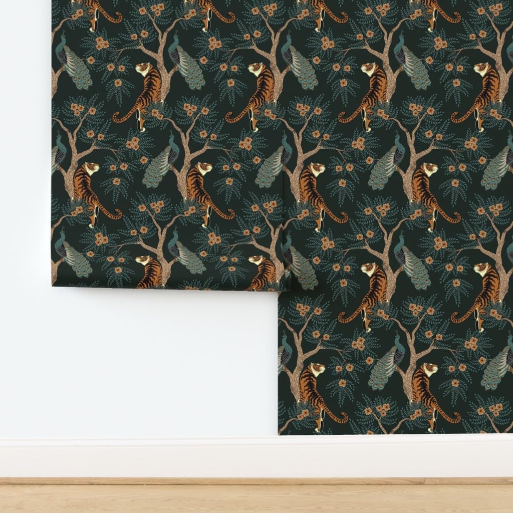 Spoonflower Peel & Stick Wallpaper 6ft x 2ft - Tiger Peacock Bird Asian Flowers Floral Chinese Tree Dark Custom Removable Wallpaper