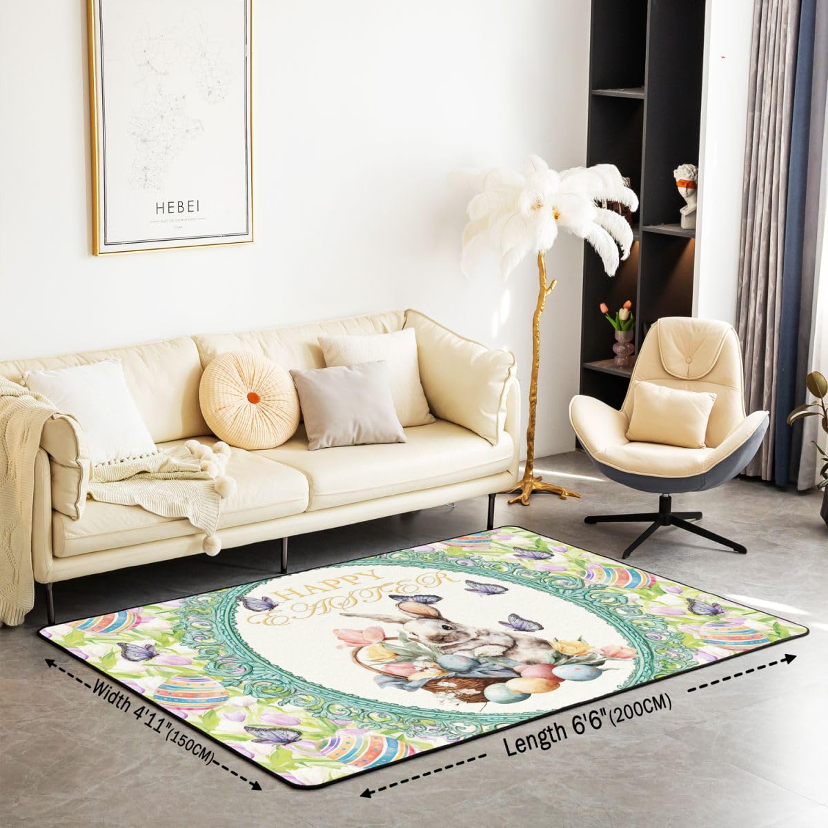 Feliz Pascua Sala de Estar Alfombra 150 x 200 cm Lindo Conejo Huevos Estampado Alfombra para Niños Niñas Acuarela Flores Tulipanes Mariposa Alfombra de Piso Decoración del Hogar