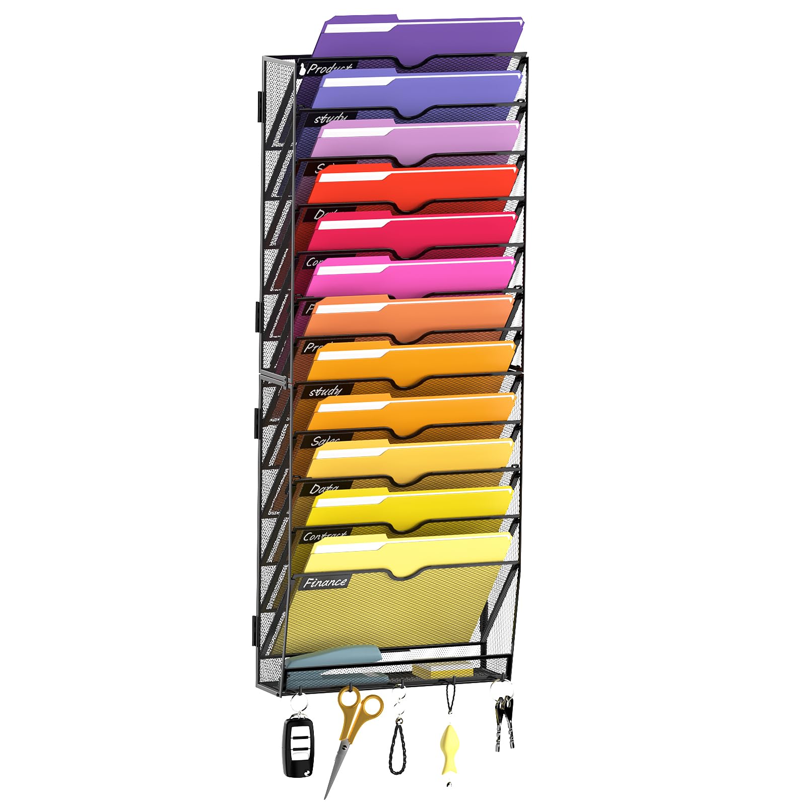 RITOLLO 13 Tier Hanging Wall File Organizer, Mail Organizer Wall Mounted with Hooks, Hanging Paper Folder Holder for Office Home (13 Tier)