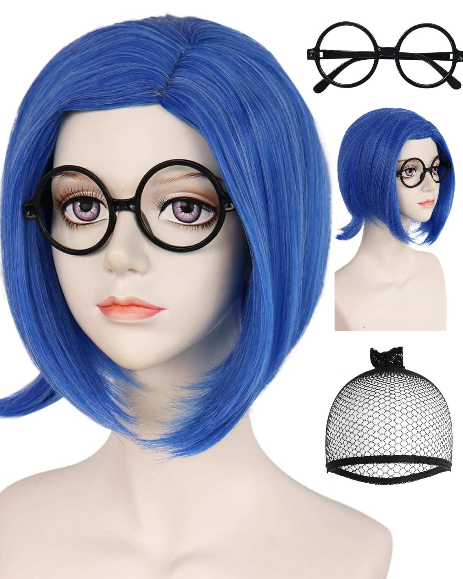 ANOGOL Hair Cap+ (Glasses) Navy Blue Bob Wig Cosplay Short Blue Wig Women Upset Wigs Sad Royal Wigs Girls Anime Outfit Synthetic Hair for Anime