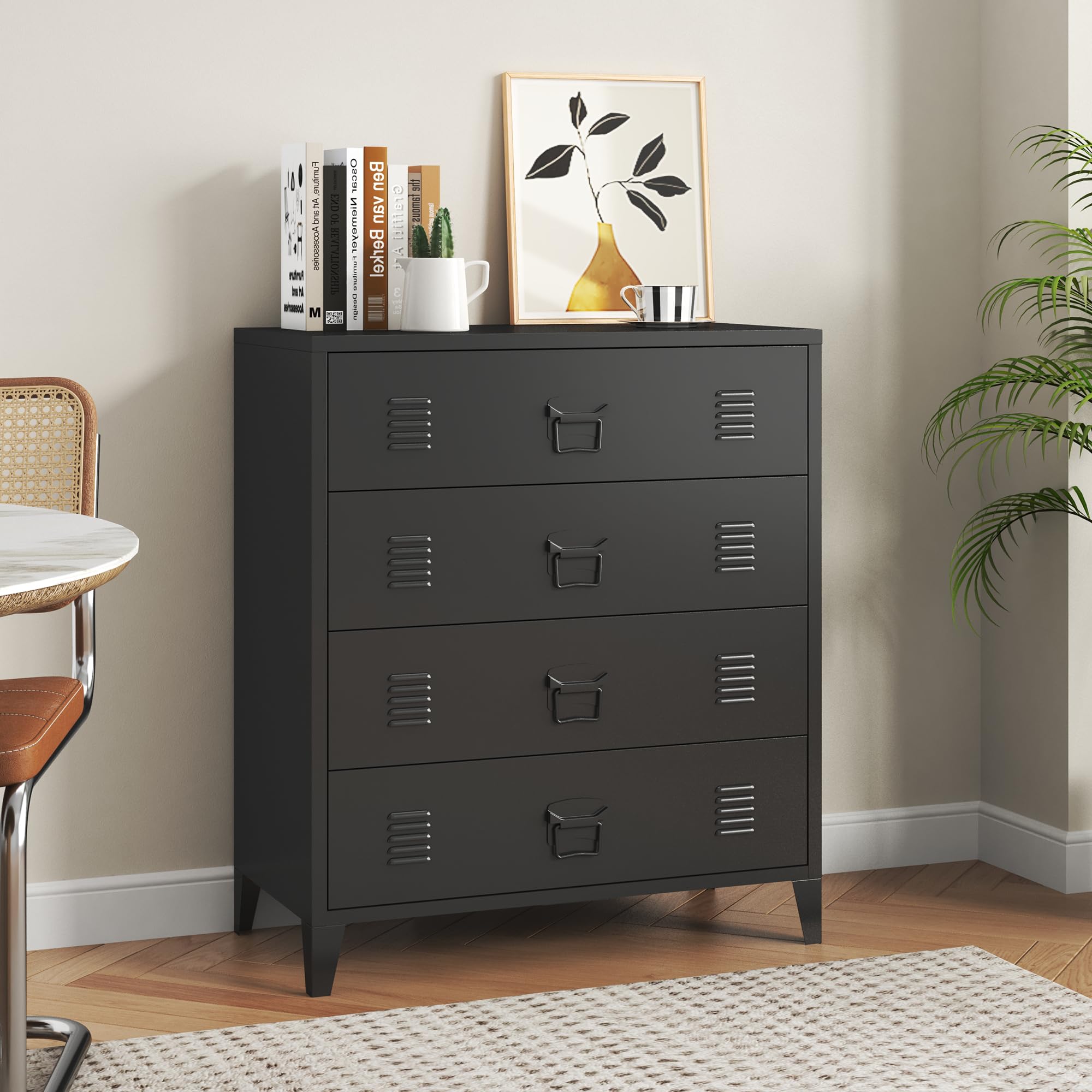 [en.casa] Commode Métallique avec 4 Tiroirs Casier de Bureau Caisson avec Compartiments Fermés Meuble de Rangement Industriel Acier 92 x 80 x 40 cm Noir