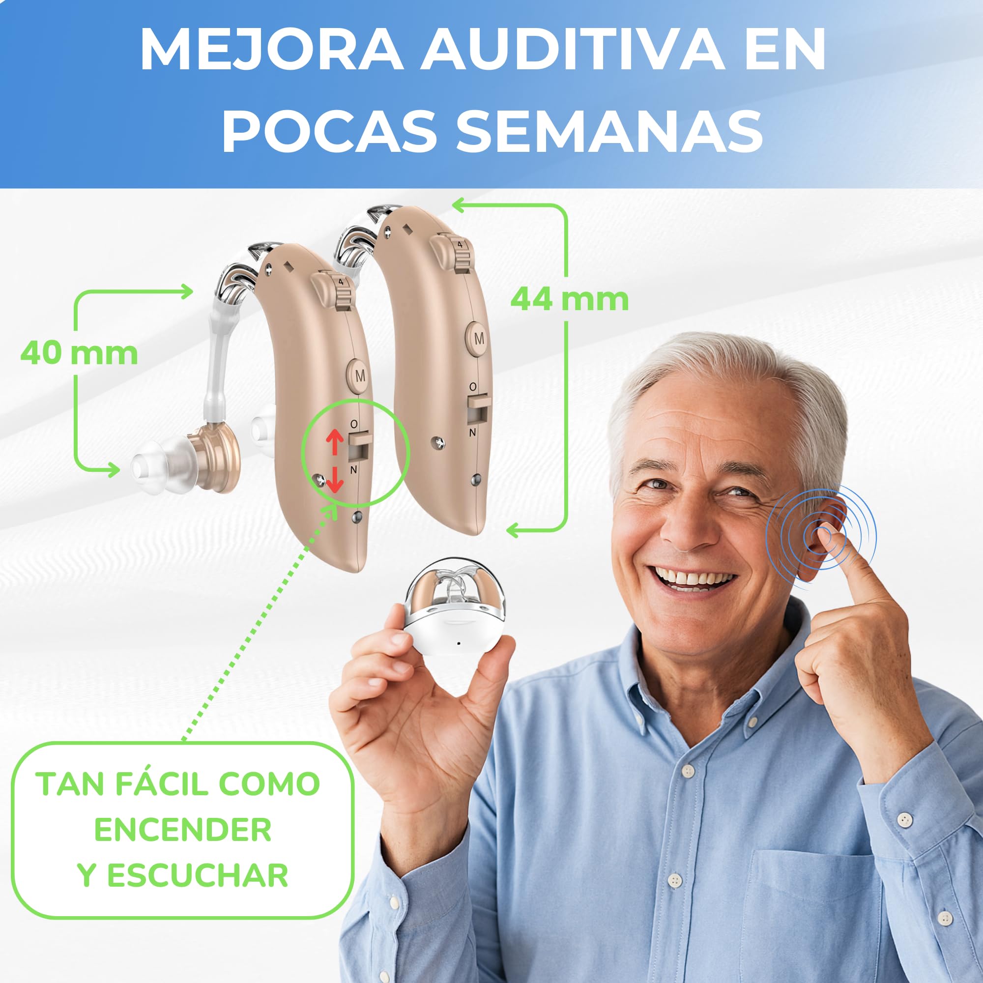 Amplificador de Sonido Recargable, Amplificador Auditivo BTE, Estuche Portátil Carga Rápida, 2 Unidades Intercambiables Válidas para Ambas Orejas, Manual en Español, Larga Duración 60 Horas