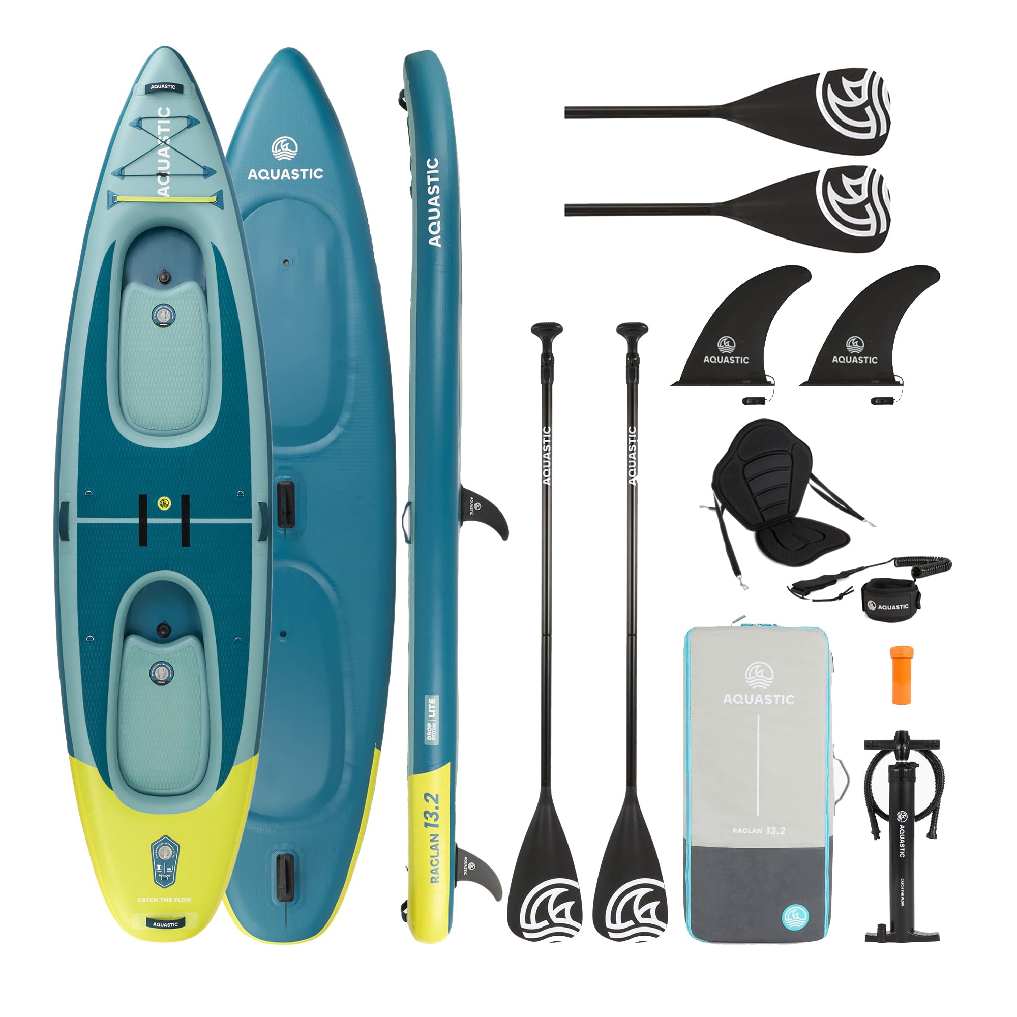 AQUASTIC Raglan 13'2" SUP Kajak Hybrid Board – 620L, 2 Paddelpositionen, Sitz montierbar, Drop Stitch Lite, 98cm breit, 2 Finnen, Eva Deck, Komplettset mit Paddel, Pumpe & Rucksack
