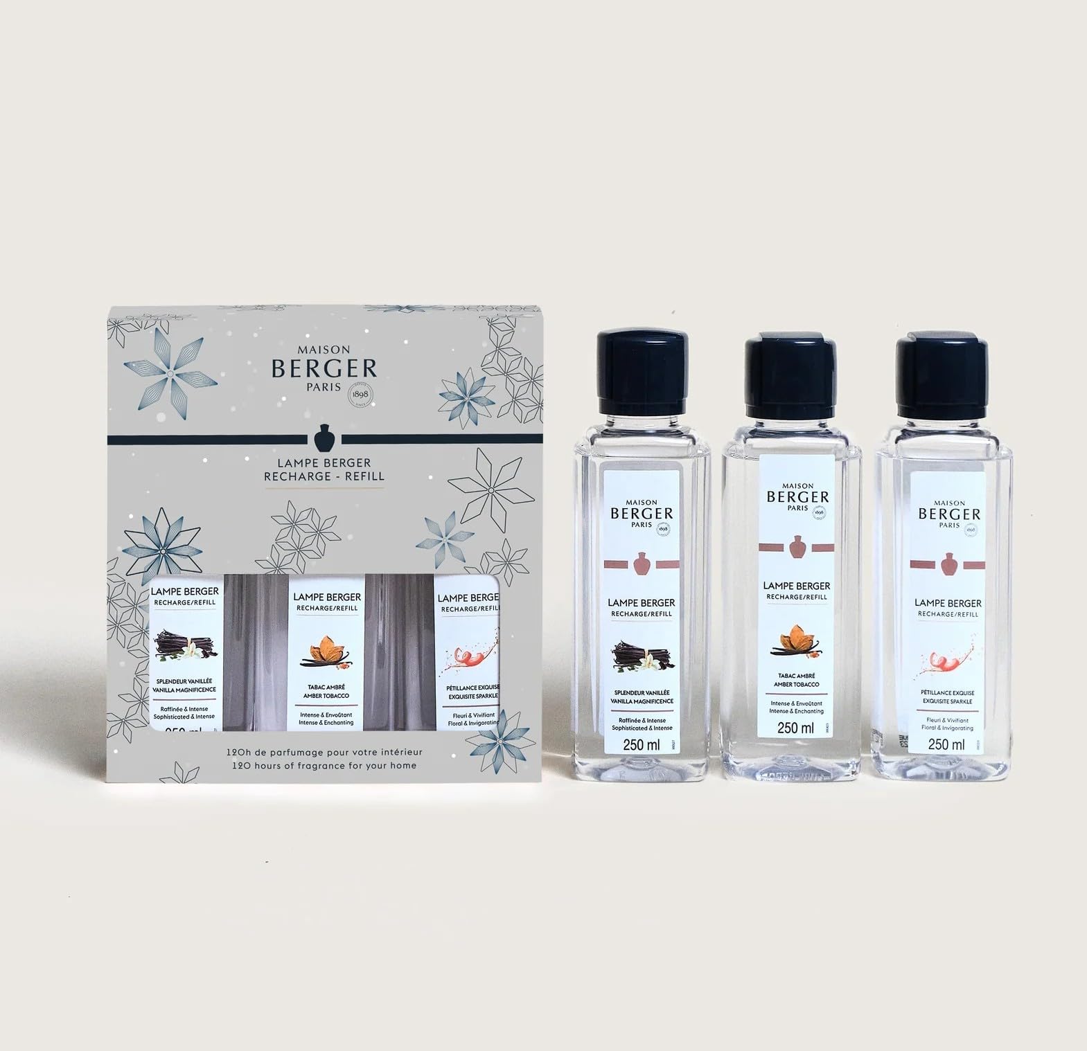 Lampe Berger - TrioPack Collezione Rosalie - Set 3 Flaconi da 250ml - Pètillance - Tabacco e Ambra - Vaniglia Splendente - in Elegante Confezione Regalo